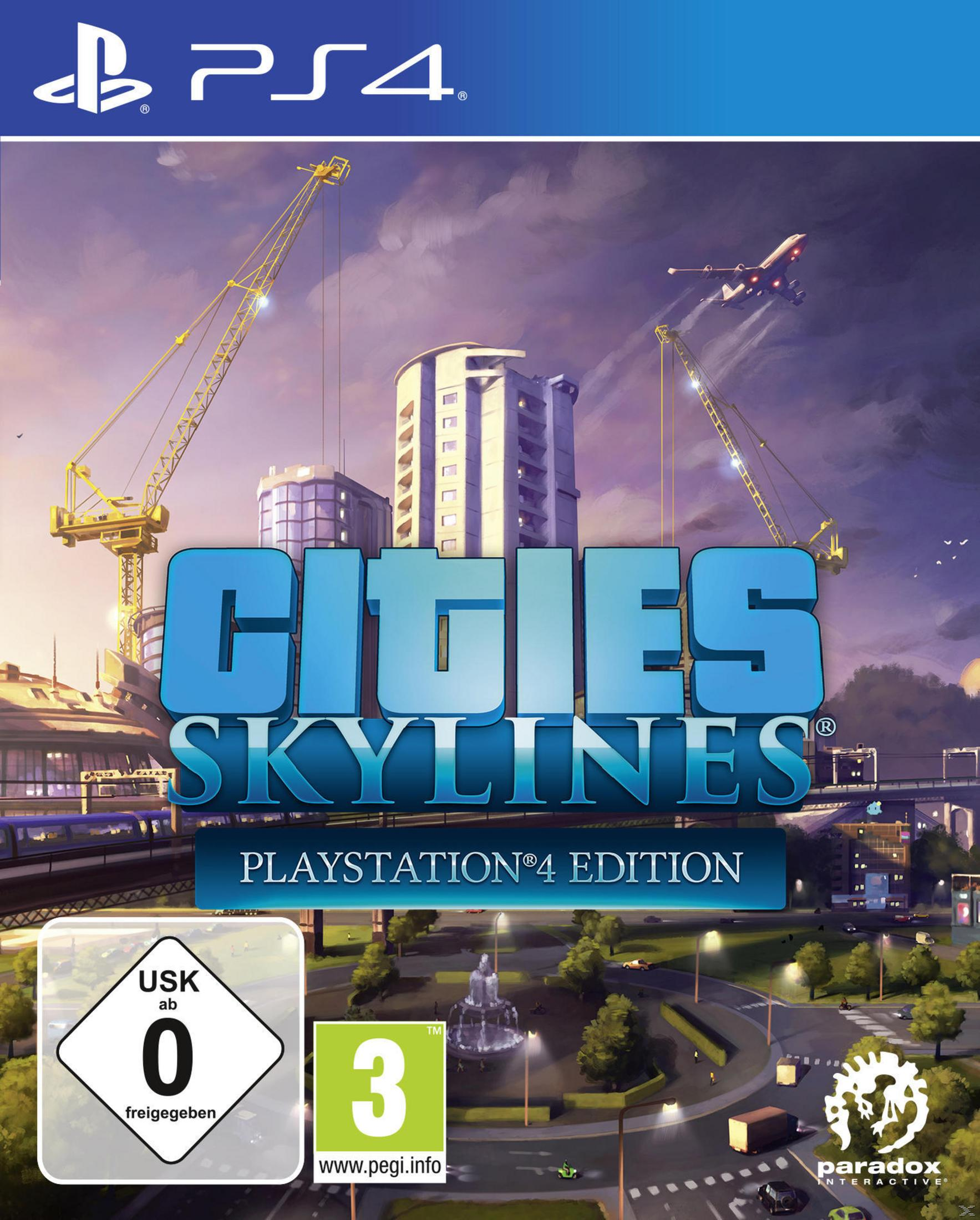 Pudełko z grą Cities: Skylines. Pejzaż miejski z wieżowcami, dźwigami i samolotem.