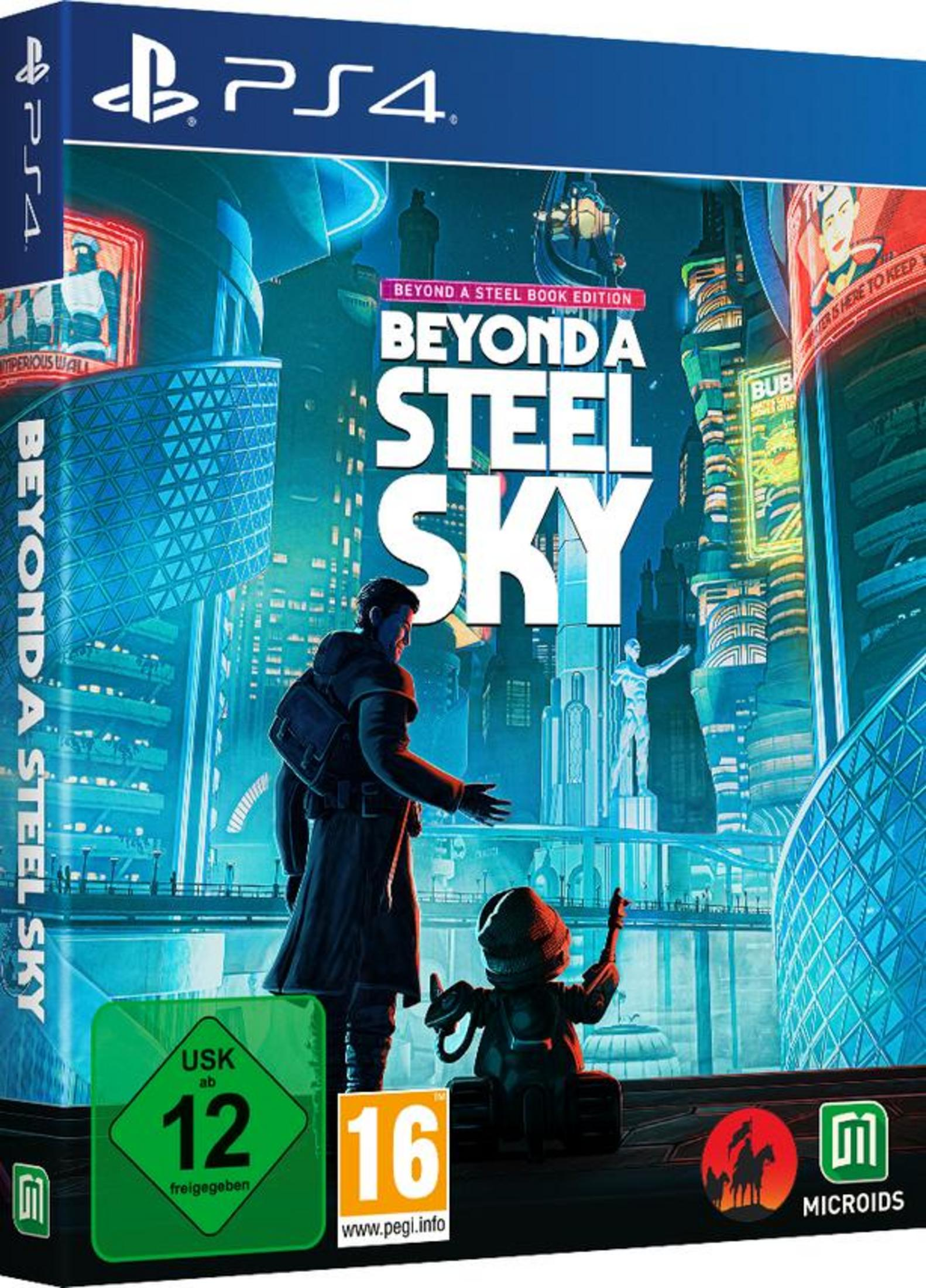 Spiel-Cover 'Beyond a Steel Sky'. Mann mit Roboter, futuristische Stadt, PS4 Hülle.