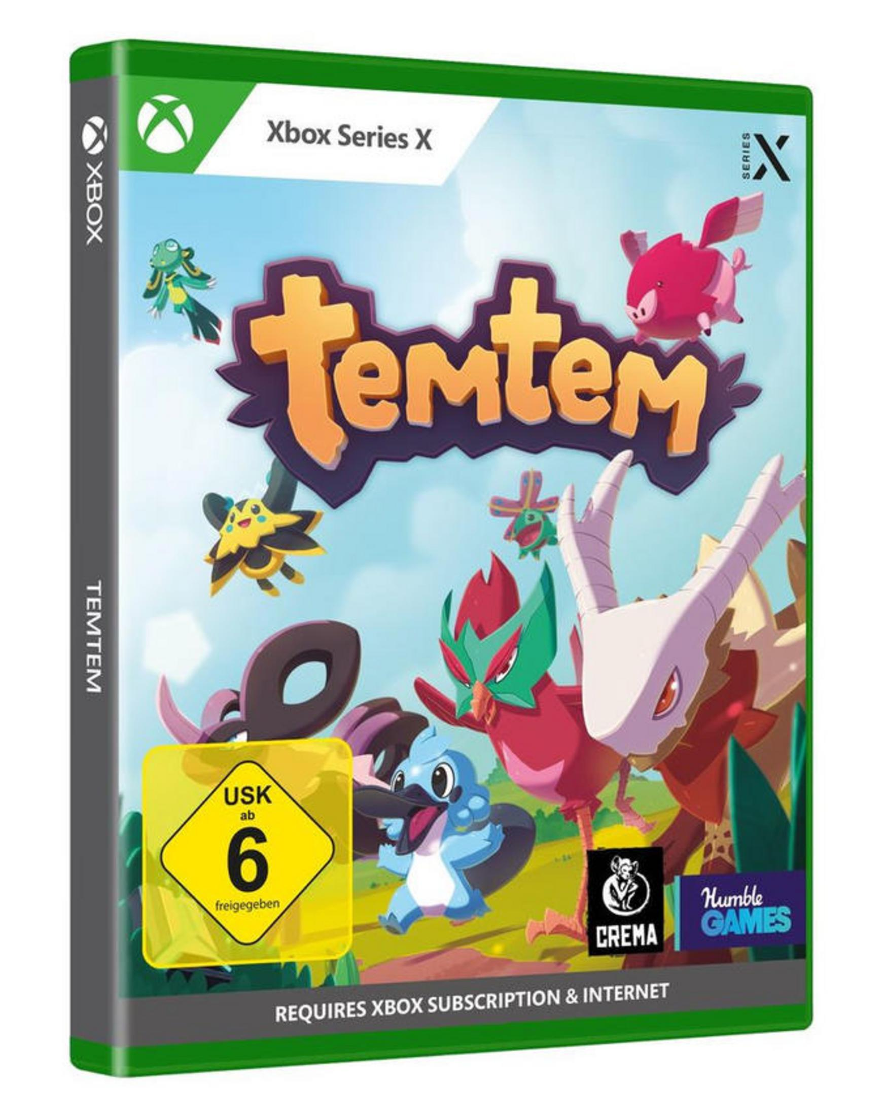 Temtem-Spielhülle für Xbox Series X mit bunten Kreaturen und USK-6-Siegel.