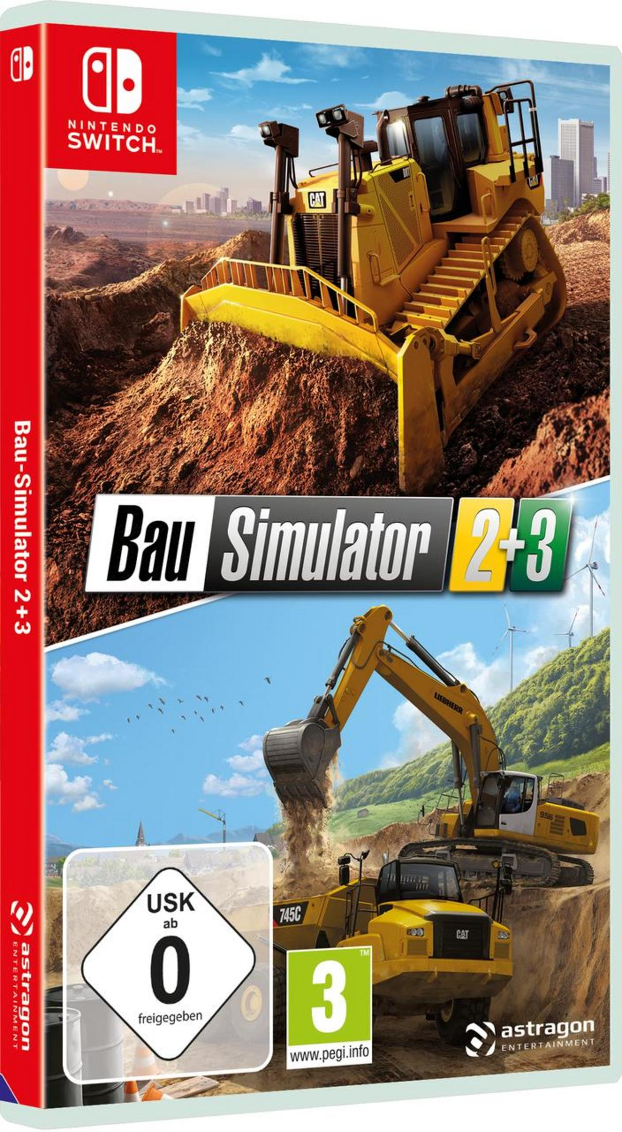 Spielbox für Bau Simulator 2+3 für Nintendo Switch. Zeigt Baumaschinen auf einer Baustelle.