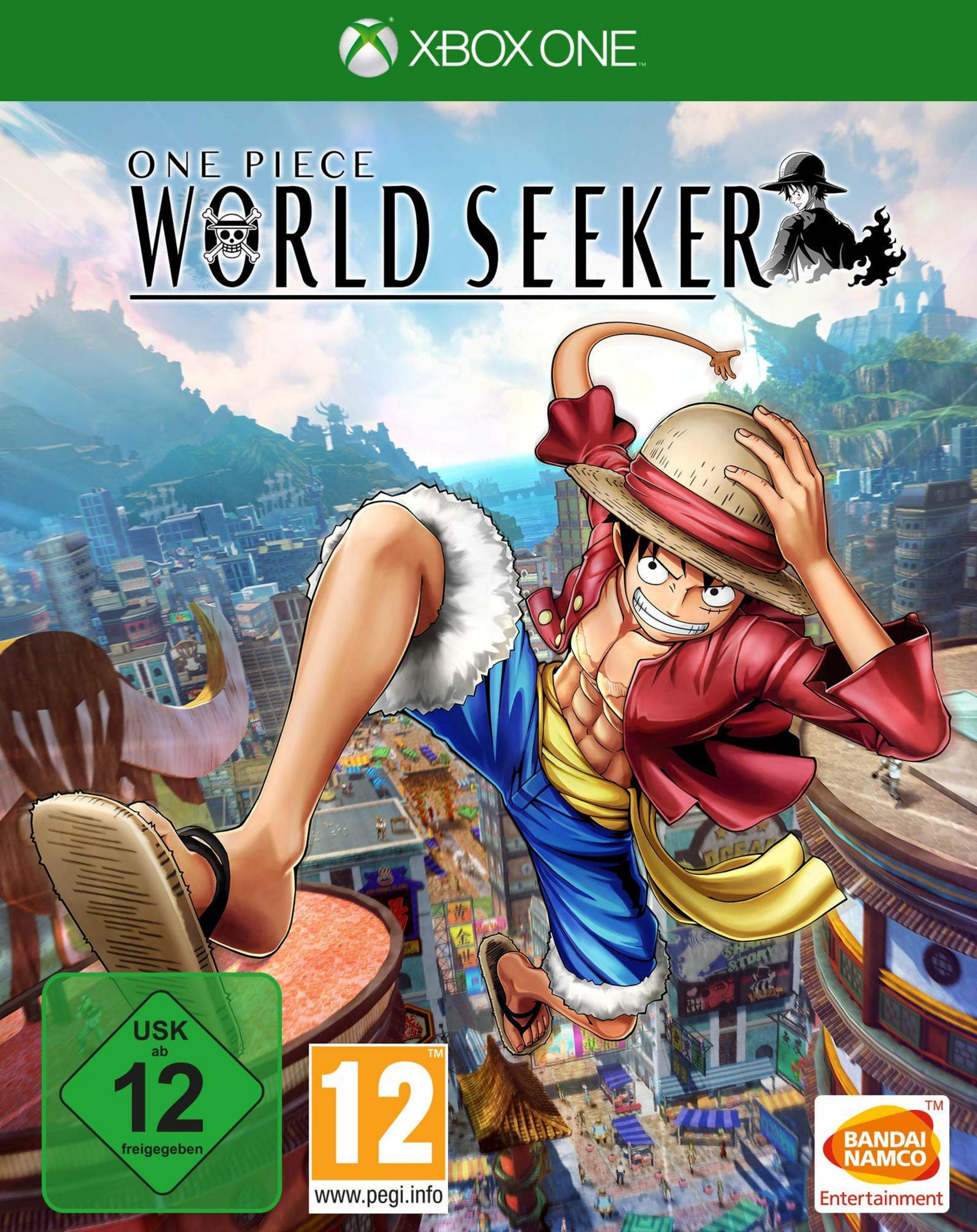 One Piece World Seeker Spielbox. Luffy springt vor einem Stadt-Hintergrund. Xbox One Logo.