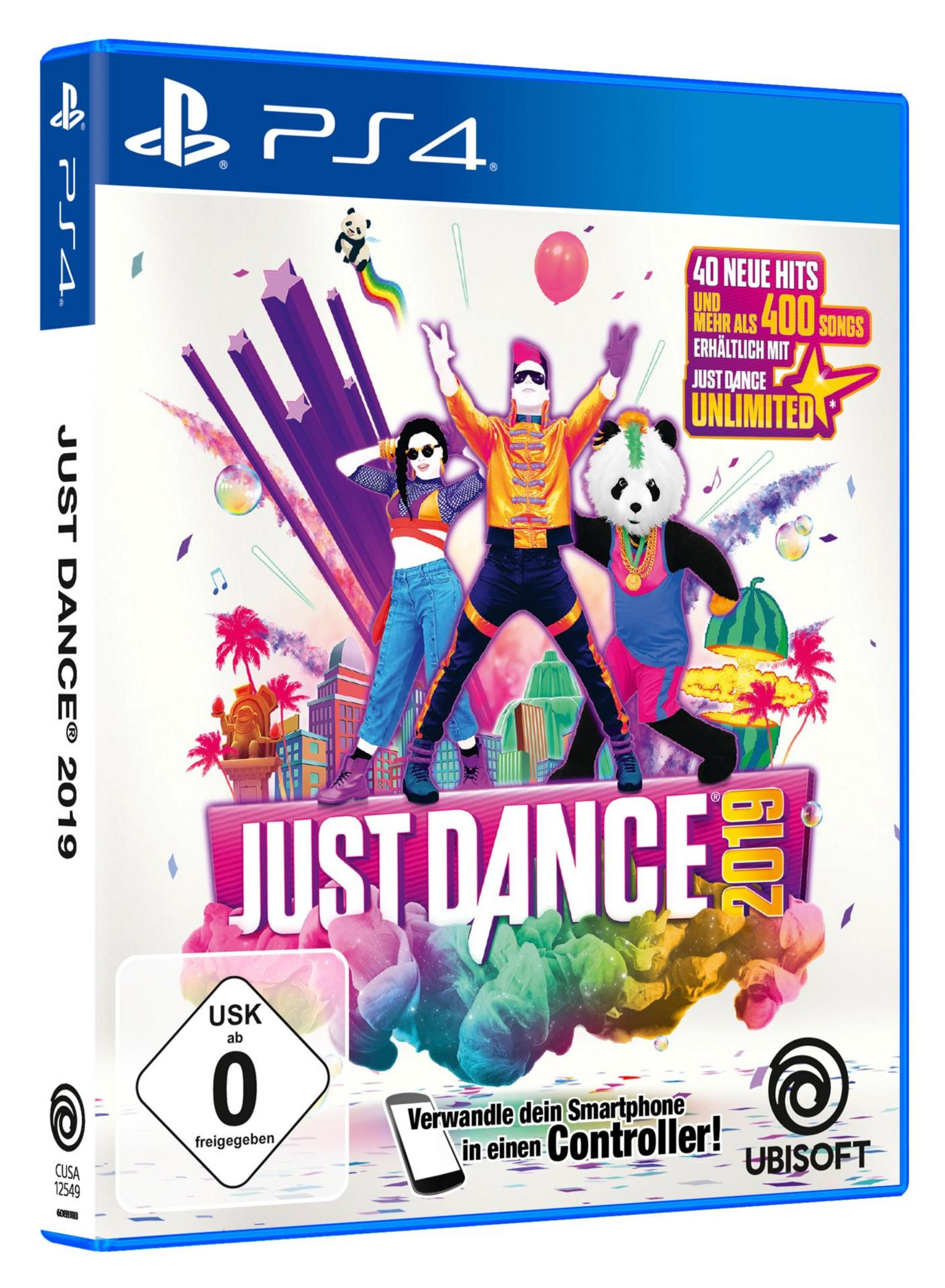 Just Dance 2019 Spielbox mit farbenfrohen Grafiken und mehreren tanzenden Figuren. Das PS4-Logo ist sichtbar.