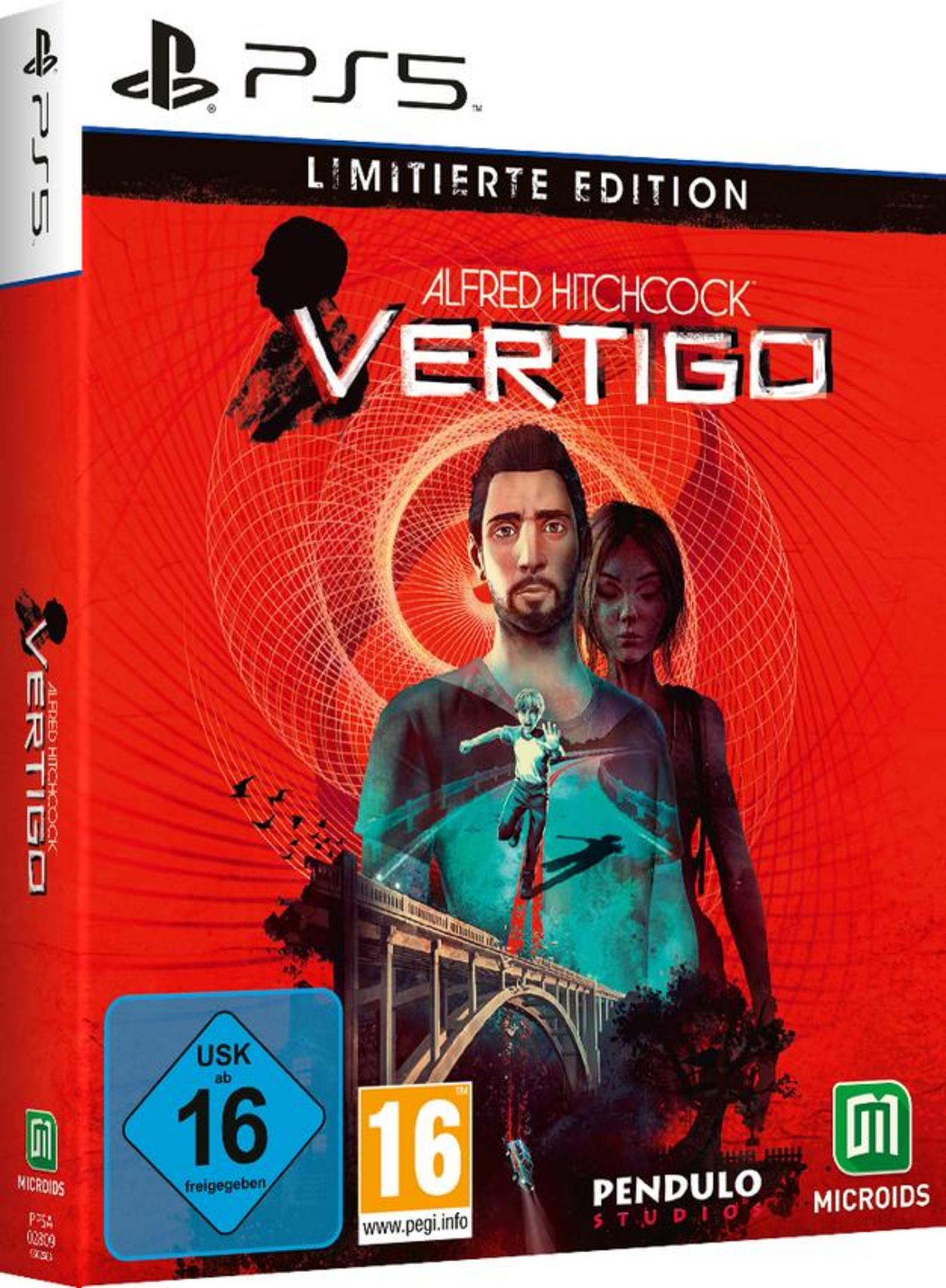 PS5-Spielhülle mit Alfred Hitchcocks Vertigo. Enthält einen Mann und eine Frau auf rotem Hintergrund.