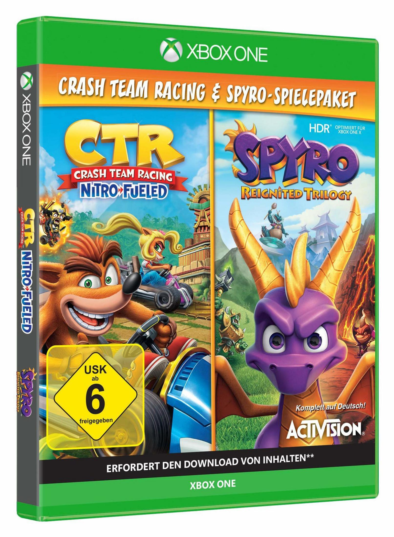Xbox One Spielhülle: Crash Team Racing und Spyro Reignited Trilogy, mit Spielfiguren auf dem Cover.
