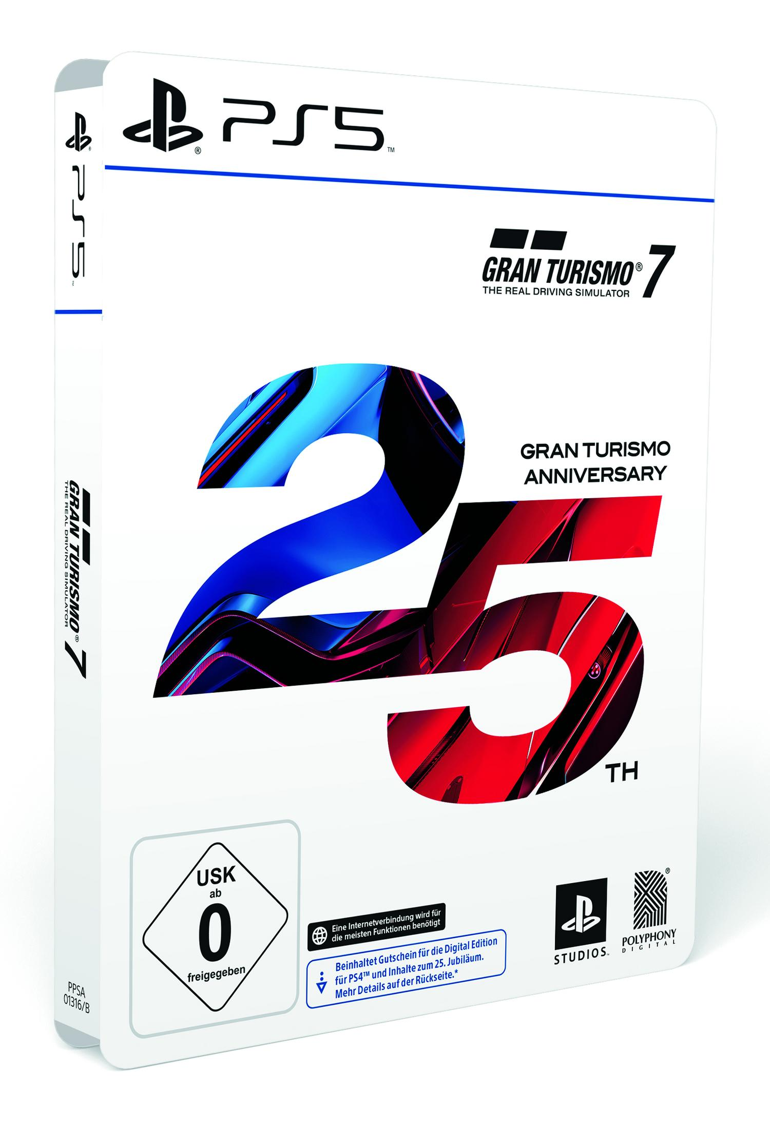 Gran Turismo 7 Anniversary Edition PS5-Spielhülle. Weißer Umschlag mit 25-Logo, blaue und rote Farben.