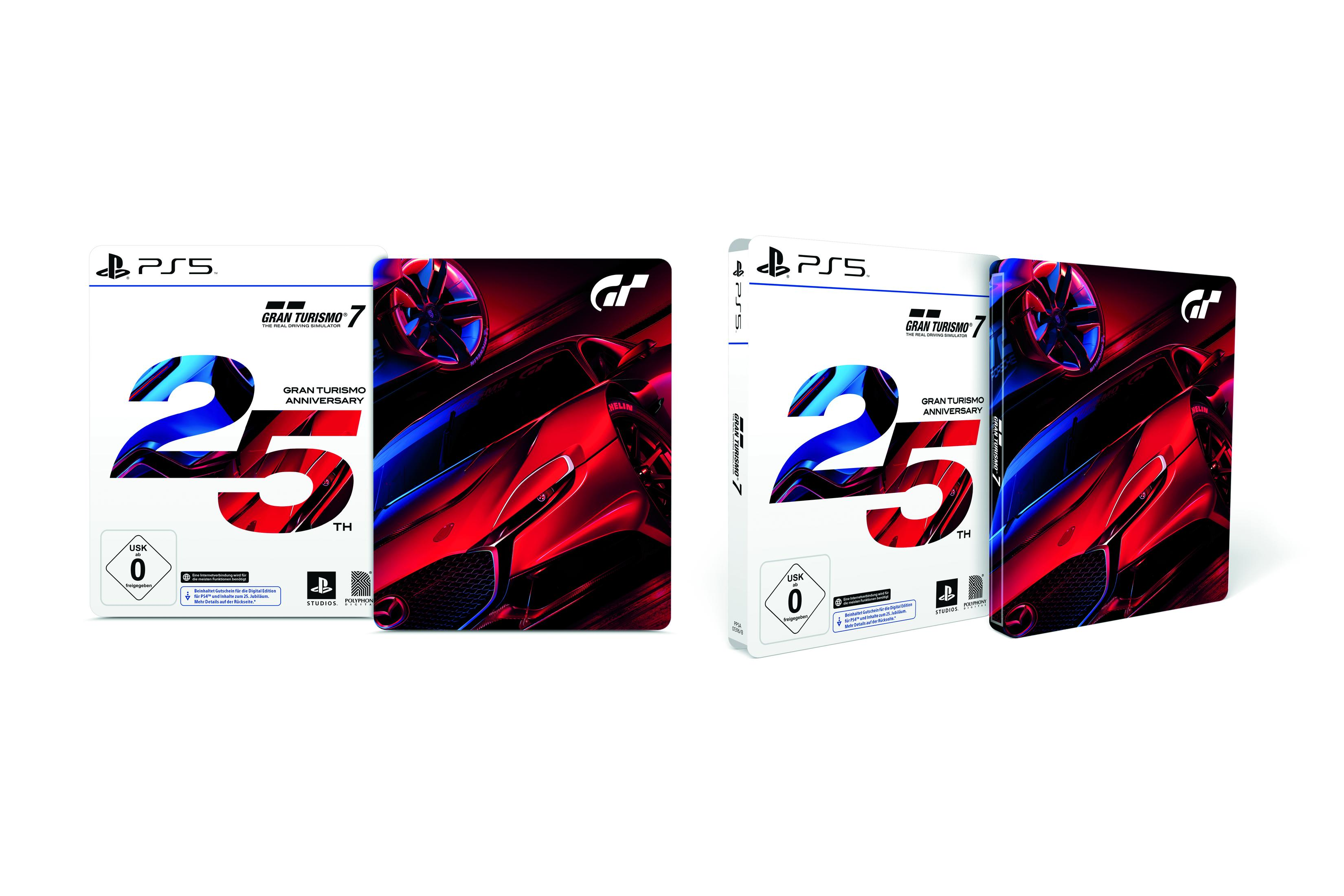 Zwei Gran Turismo 7 PS5-Spielboxen mit Autobildern und dem 25th Anniversary-Label auf weißem Hintergrund.