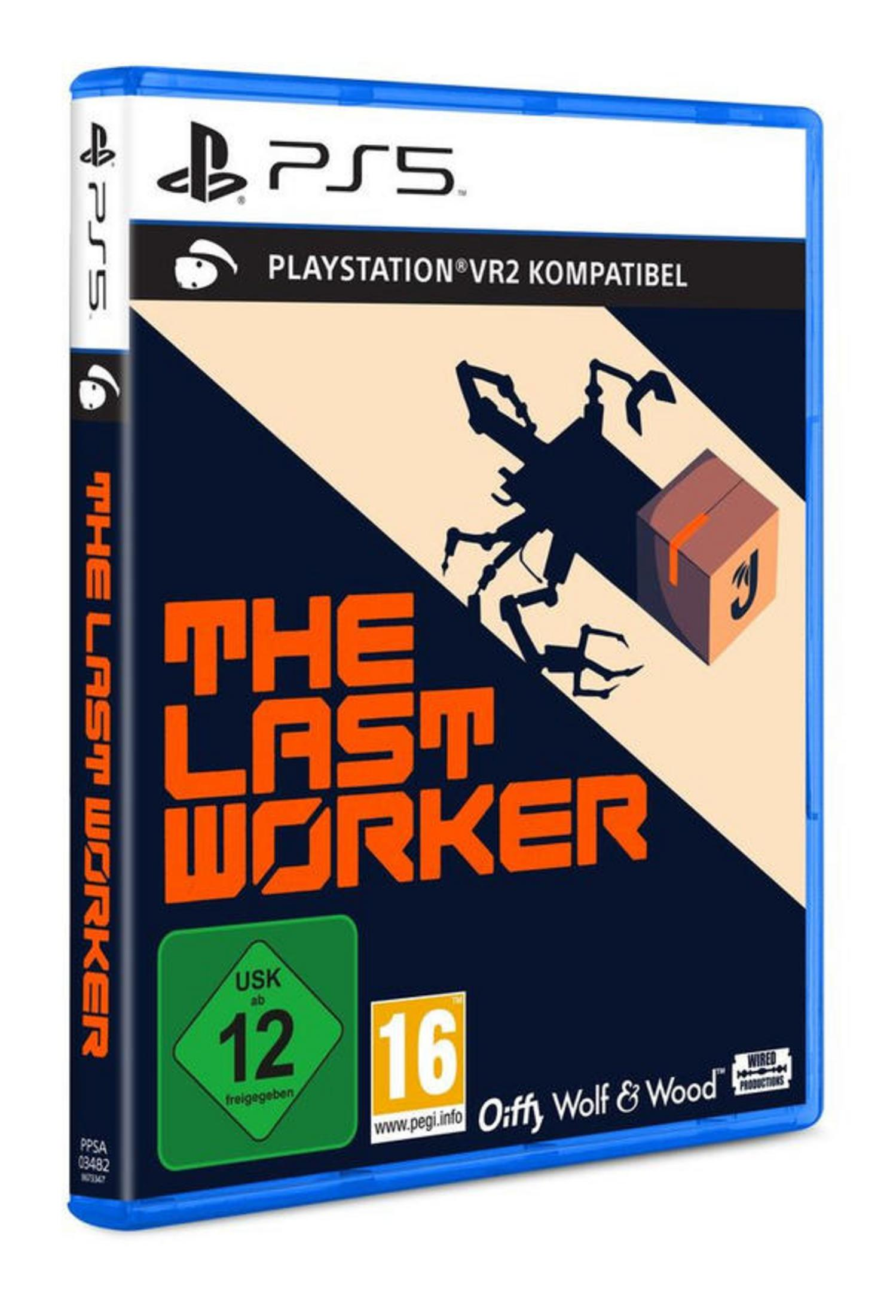 The Last Worker Spielbox. Eine roboterartige Silhouette und eine Kiste sind auf dem Cover abgebildet.
