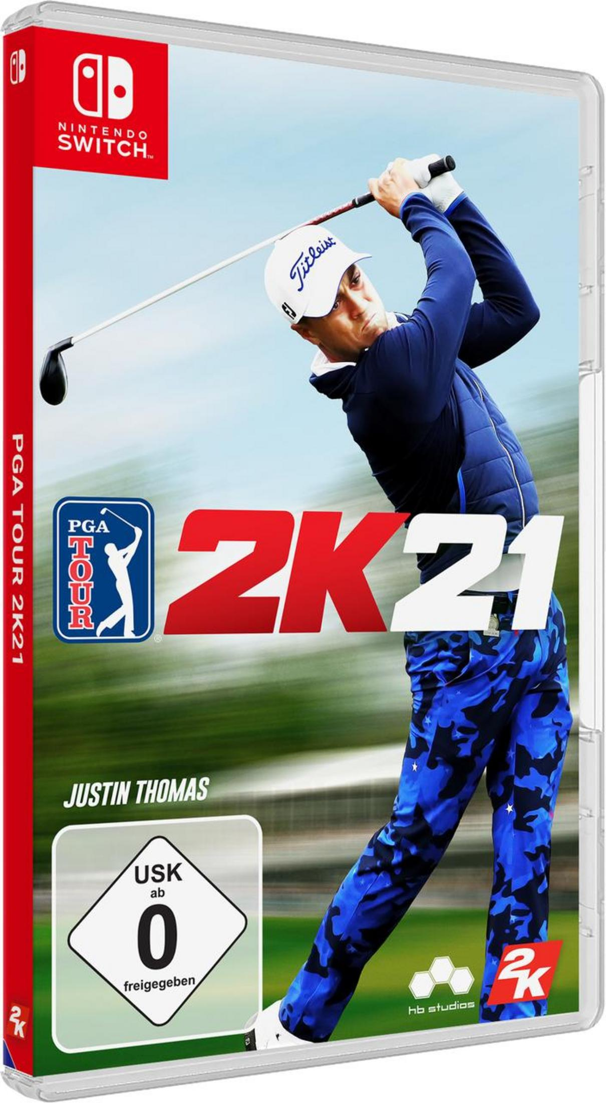 PGA Tour 2K21 Spielbox. Ein Golfer schwingt einen Schläger vor blauem Himmel.