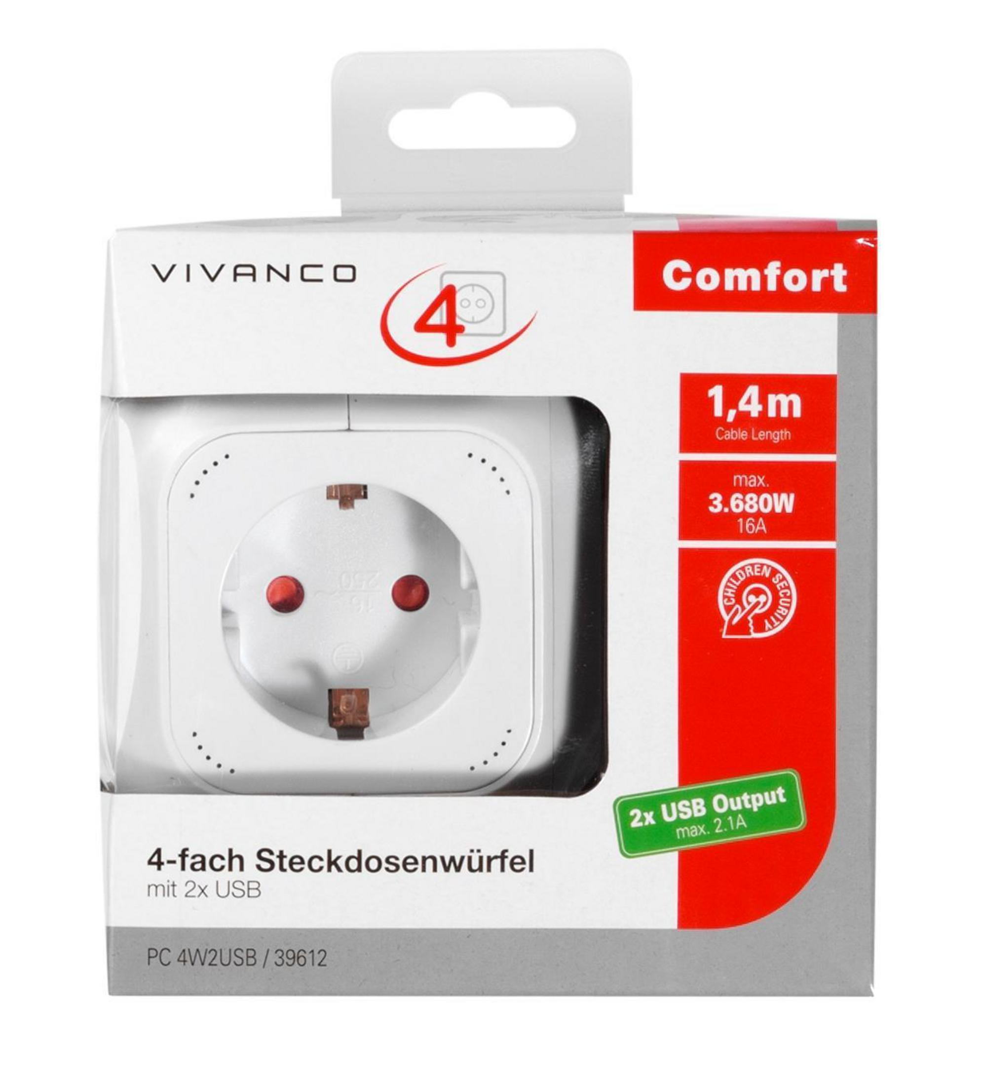 Biały adapter zasilania Vivanco z 4 gniazdami i 2 portami USB.