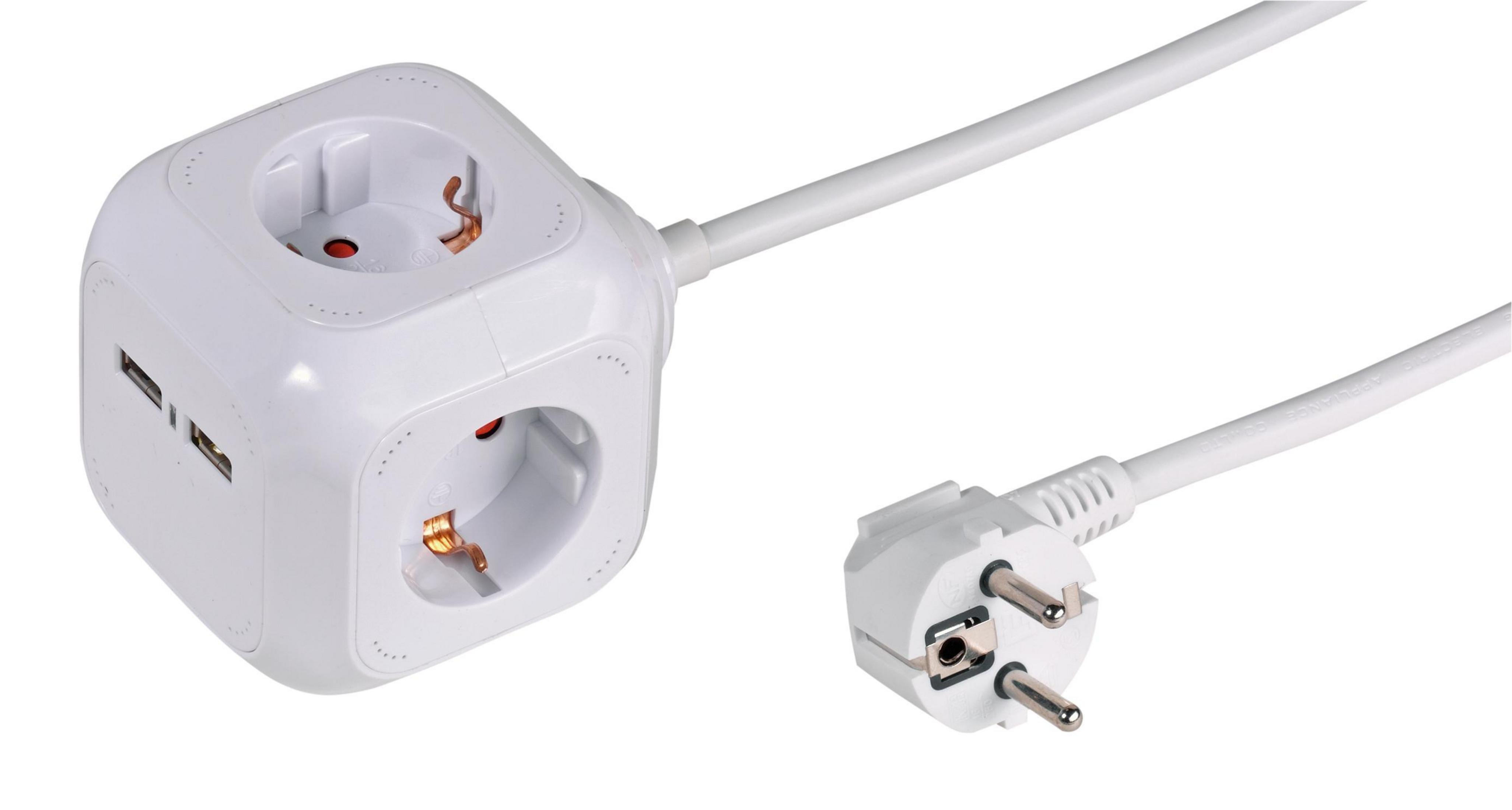 Biała listwa zasilająca w kształcie kostki z 3 gniazdami, 2 portami USB i białą wtyczką.