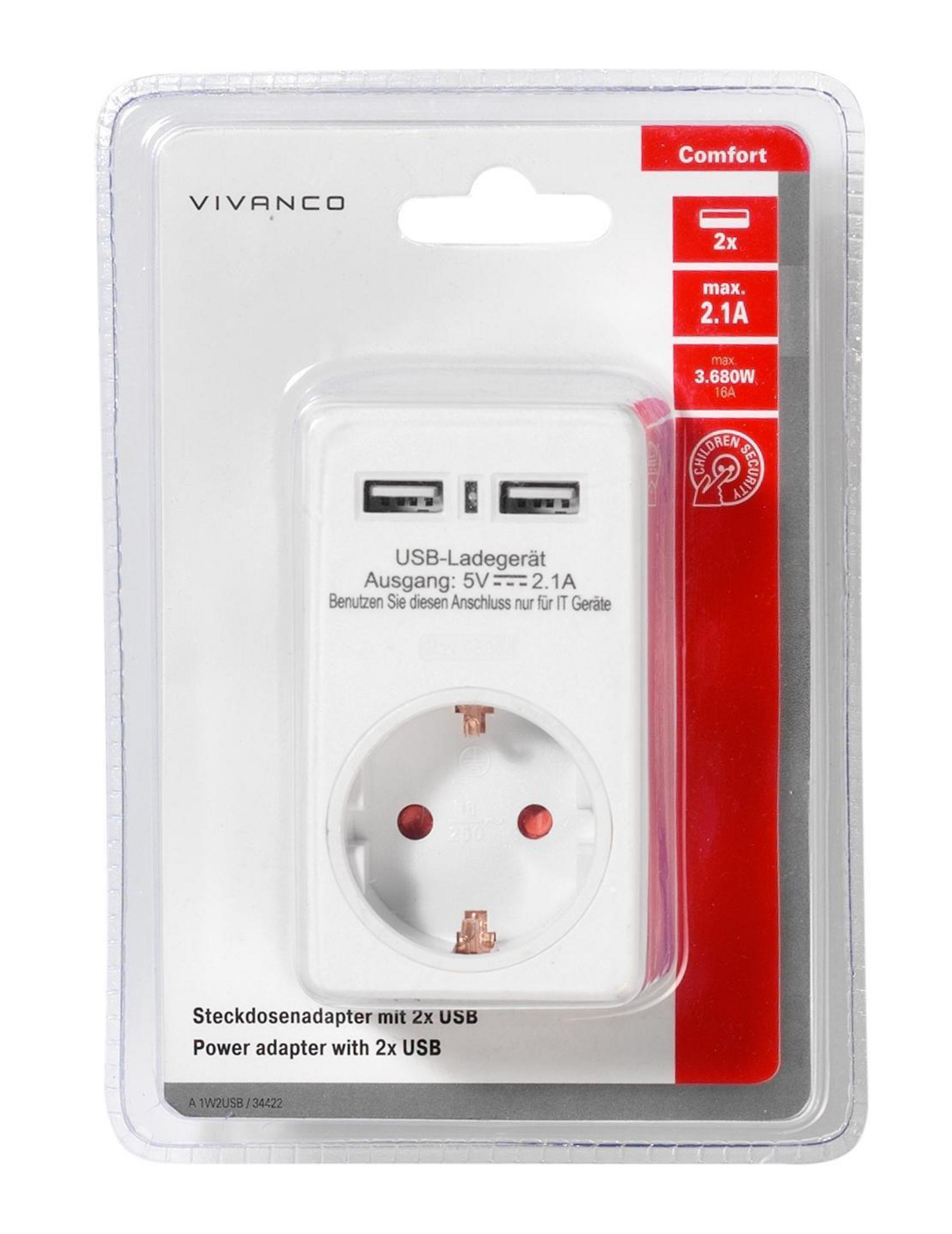 Adattatore di alimentazione USB bianco con 2 porte USB e una presa, in una confezione di plastica.