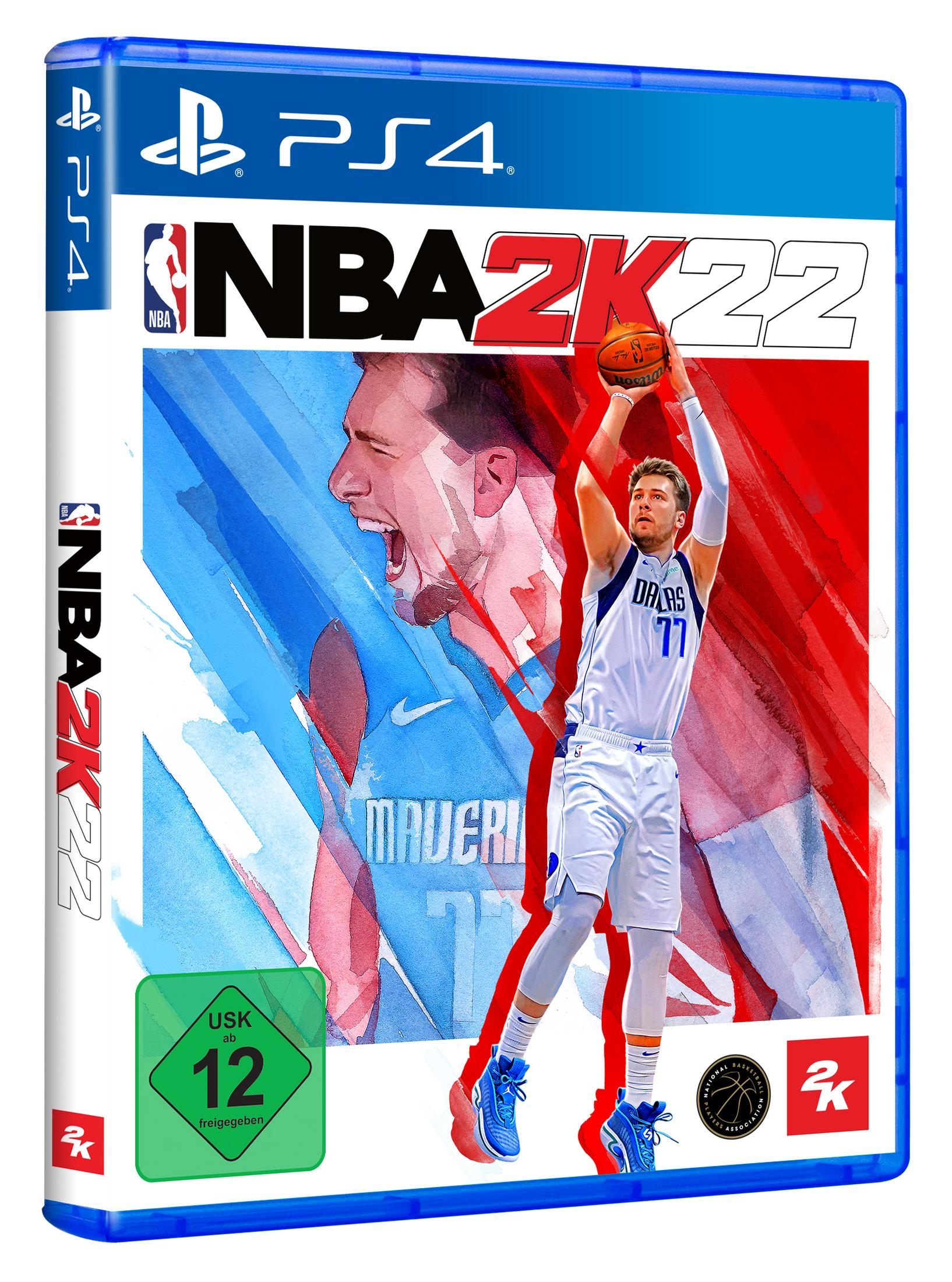 NBA 2K22 PS4-Spielbox. Zeigt einen Basketballspieler in einem weiß-blauen Trikot, im Wurf.