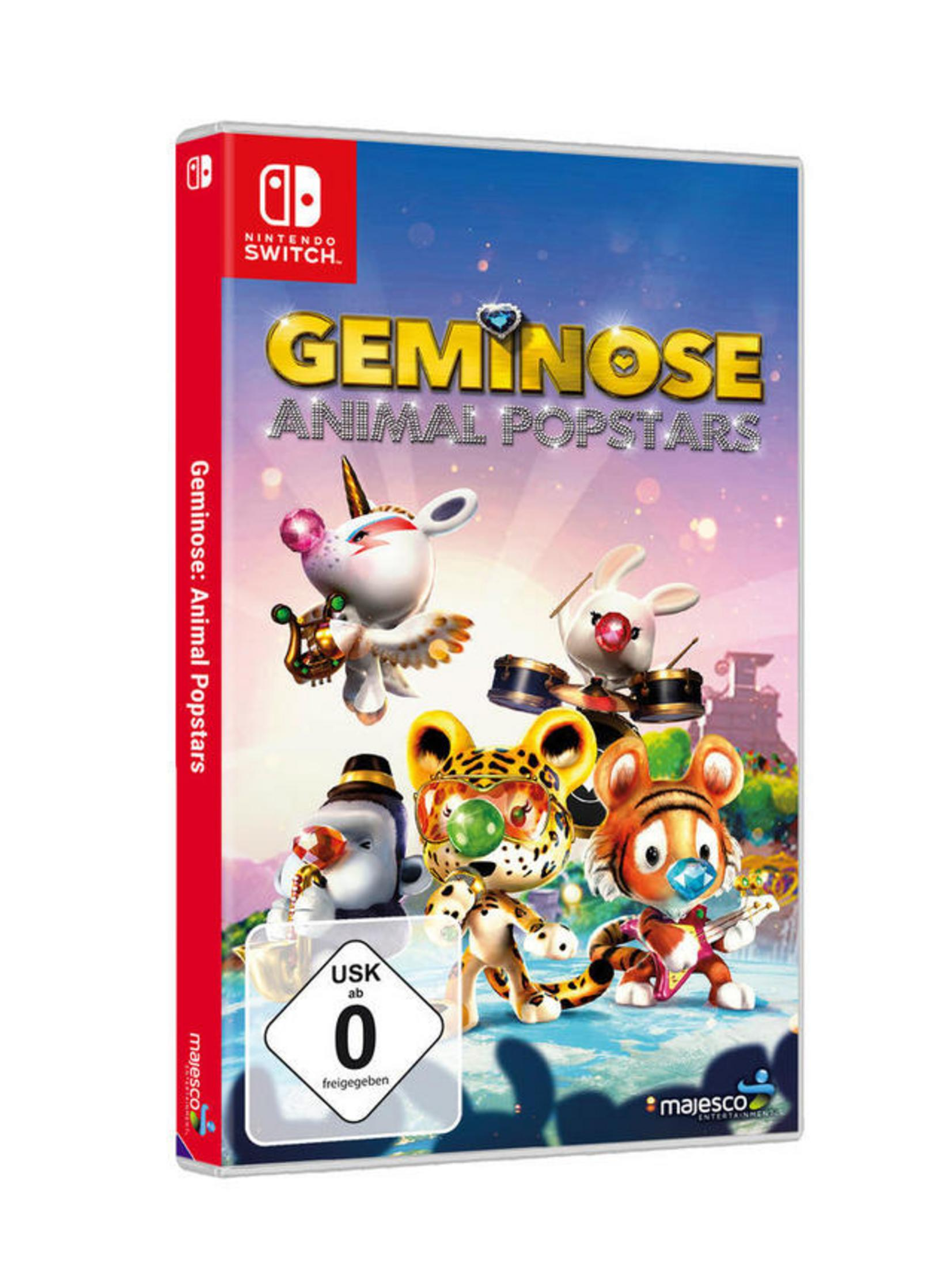 Spielbox mit Tierfiguren. Buntes Cover. Weißer Hintergrund.