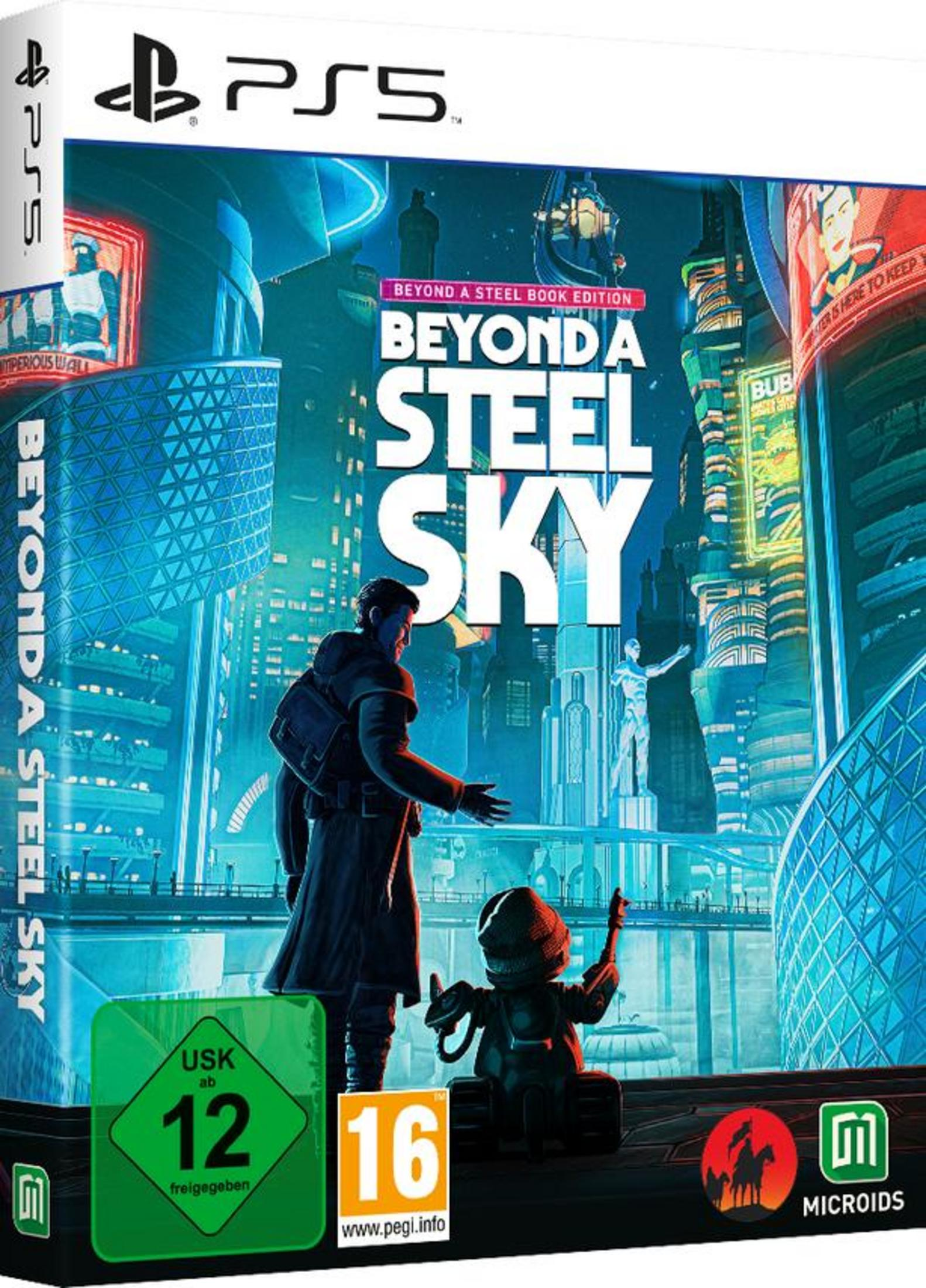 PS5-Spielbox, futuristische Stadtszene. Mann im Vordergrund, Roboter im Vordergrund. Gebäude und Neonreklamen im Hintergrund.