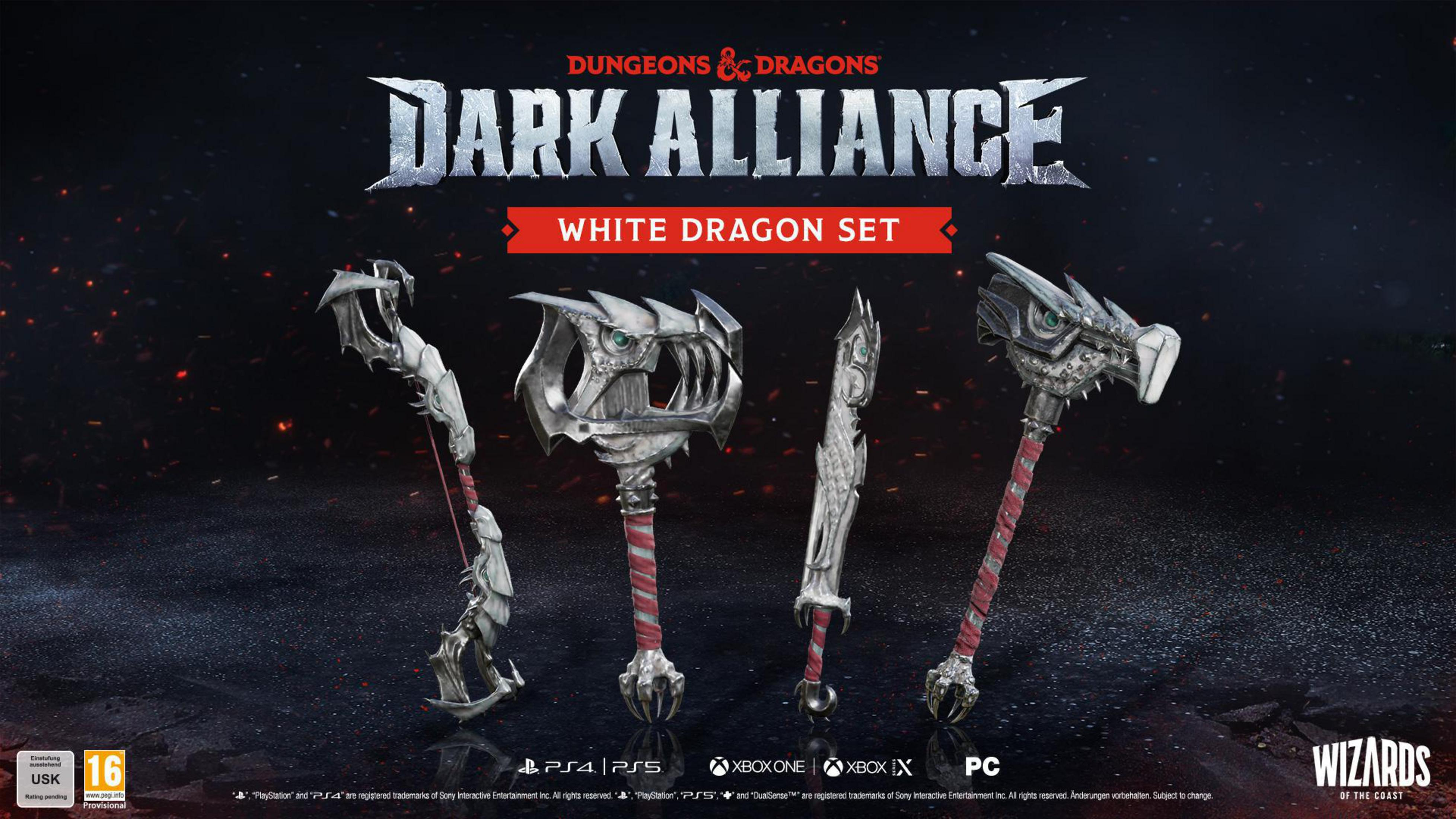 Dungeons & Dragons Dark Alliance: White Dragon Set. Vier silberne Waffen auf dunklem Hintergrund.