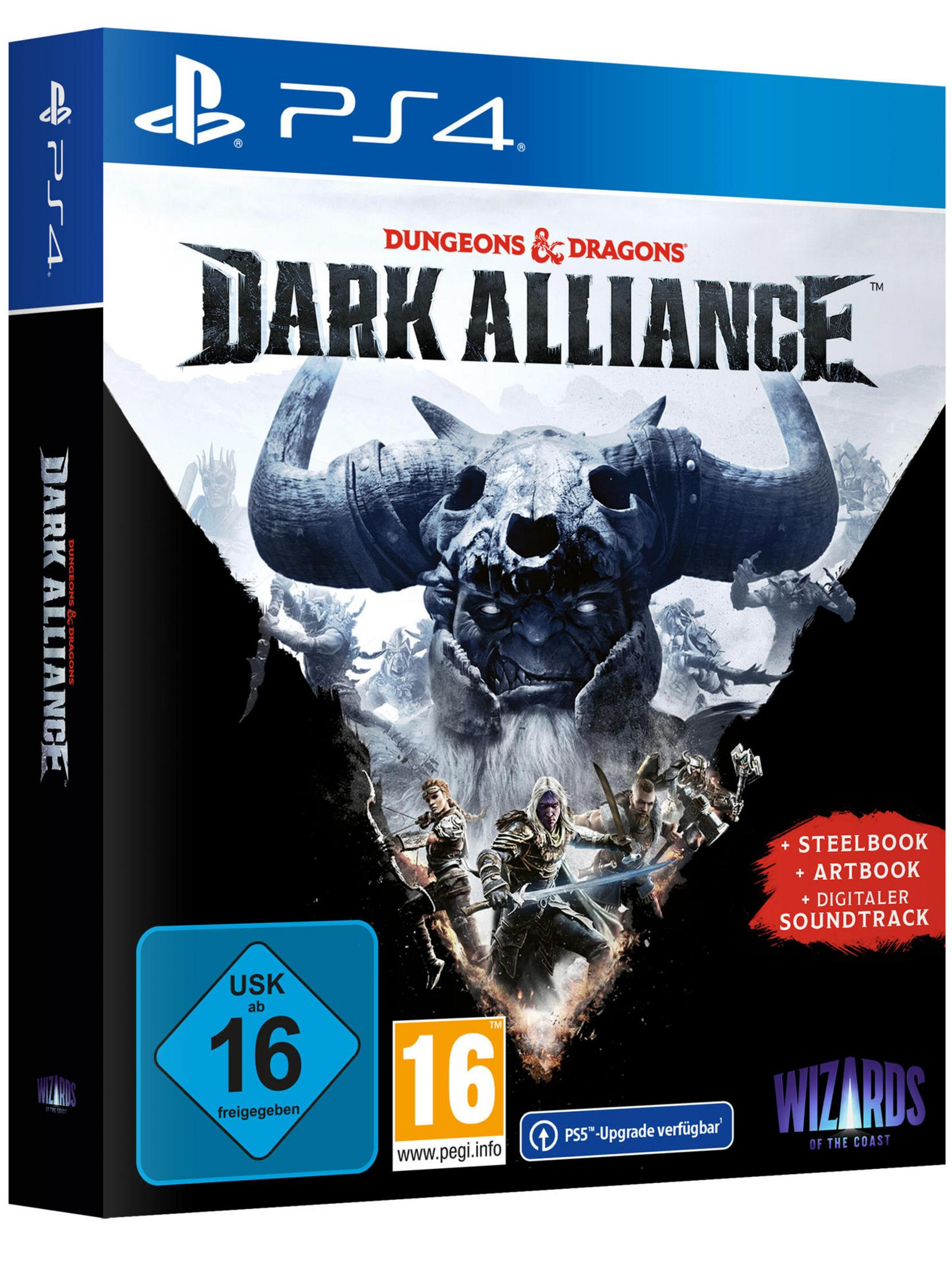 Spielcover für Dungeons & Dragons: Dark Alliance. Mit Charakteren und einer Totenkopffigur.