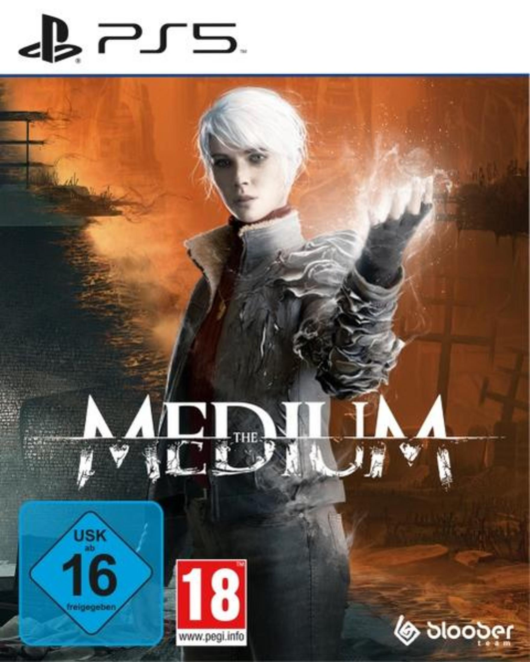 Una custodia di gioco PS5 per The Medium, che mostra una donna con i capelli bianchi che tiene una mano luminosa.