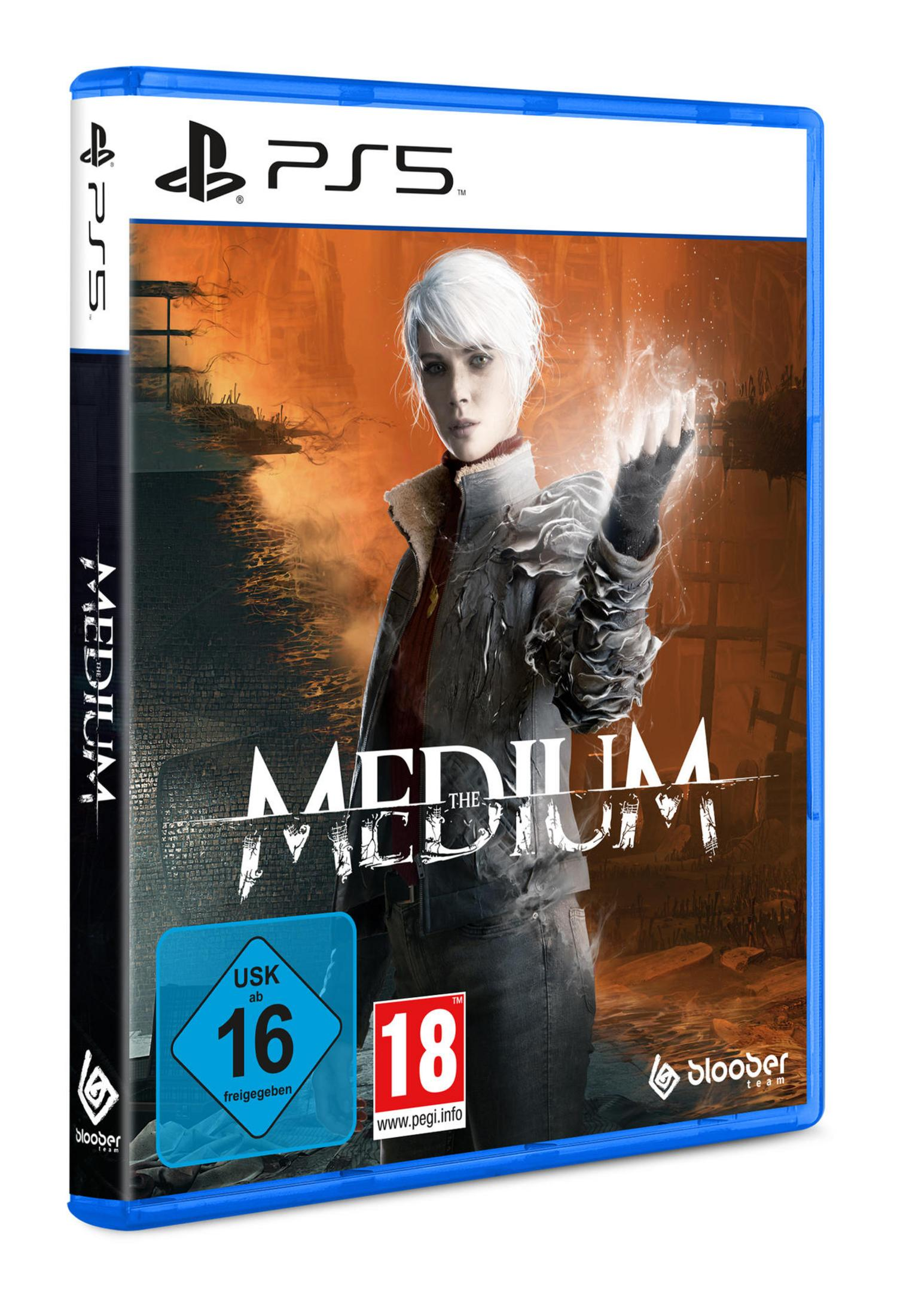 Scatola di Medium The Game. Una donna con i capelli bianchi e un cappotto scuro, che tiene una mano luminosa.