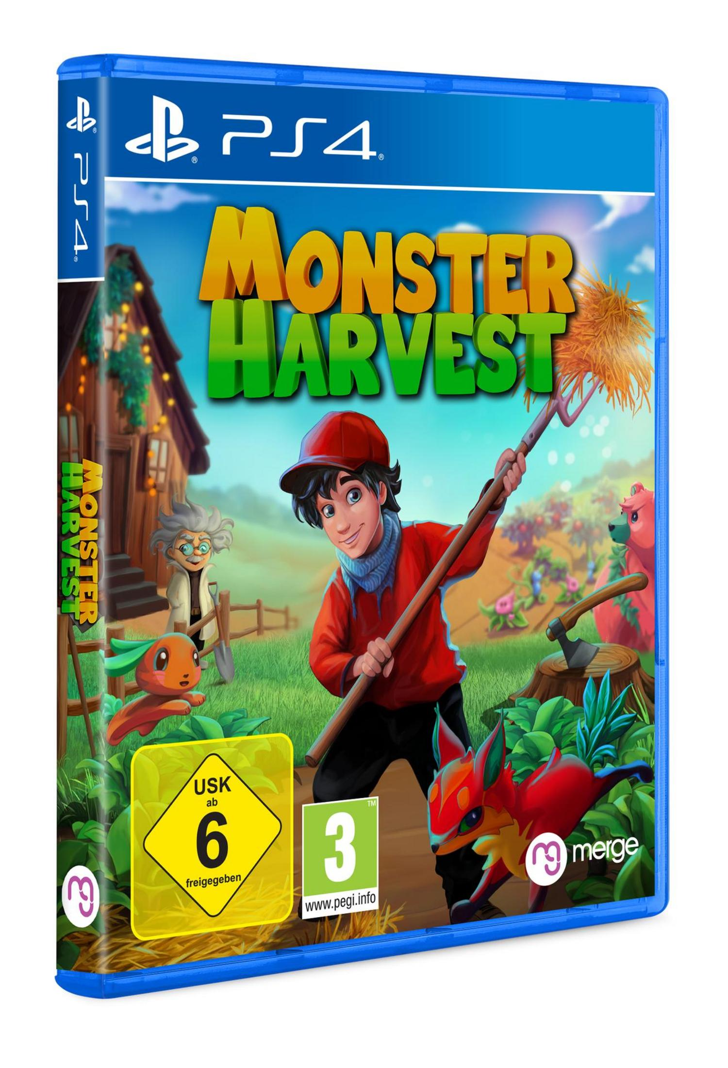 PS4-Spielhülle: Monster Harvest. Junge mit Mistgabel, Monster, Haus und Bär.