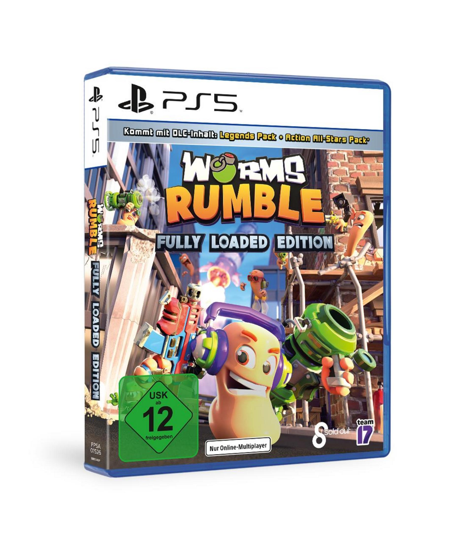 Worms Rumble Spielbox. Sie zeigt Wurmcharaktere in einer Stadtumgebung. Die Box ist blau und weiß.