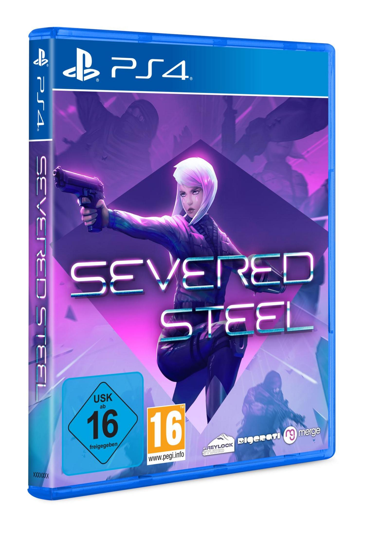 Spielcover: Frau mit weißen Haaren, die eine Pistole hält, mit lila Hintergrund. Text: Severed Steel.