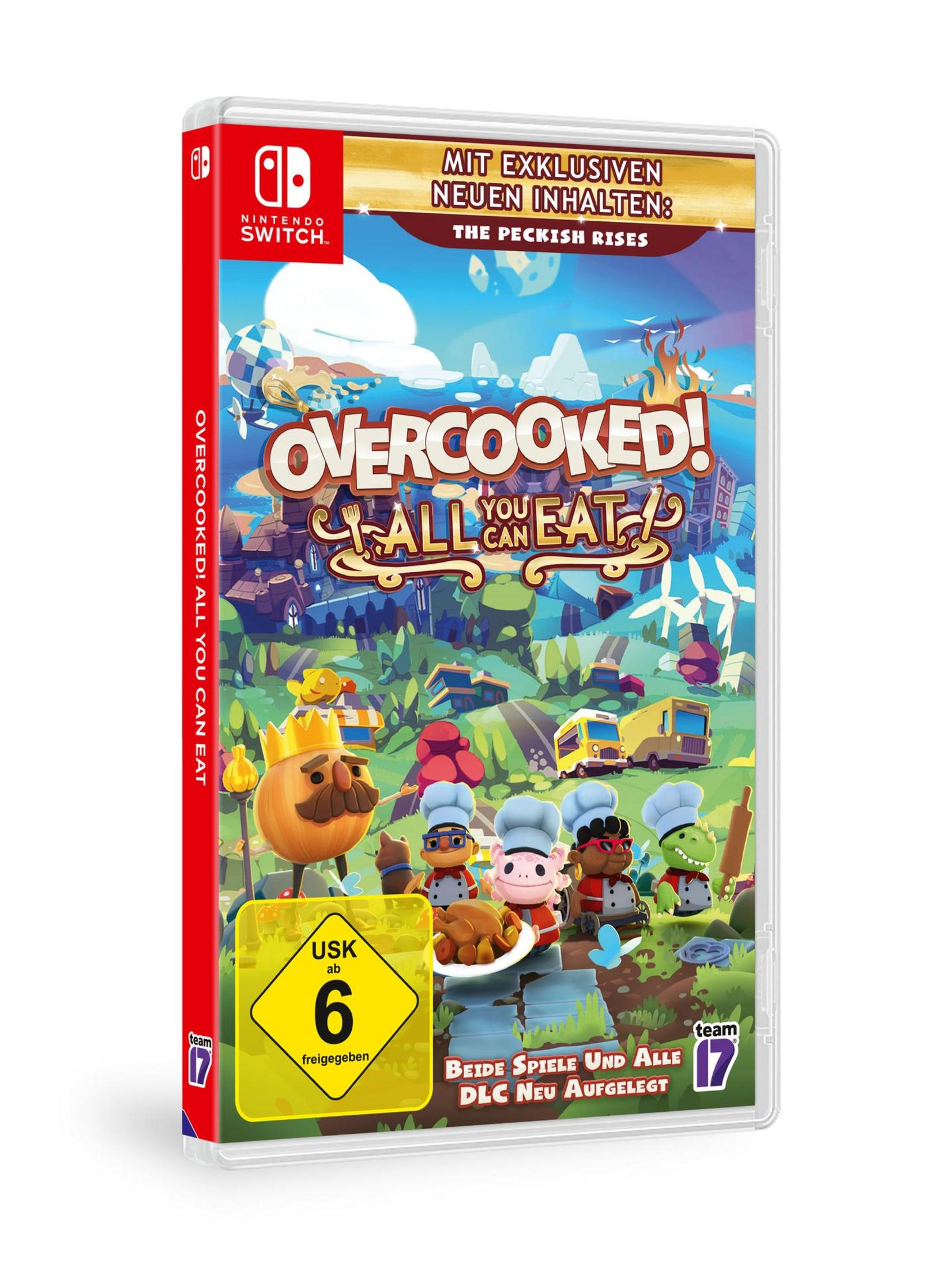 Overcooked! All You Can Eat Spielhülle. Cartoon-Köche, Essen und ein Kronenlogo auf dem Cover.