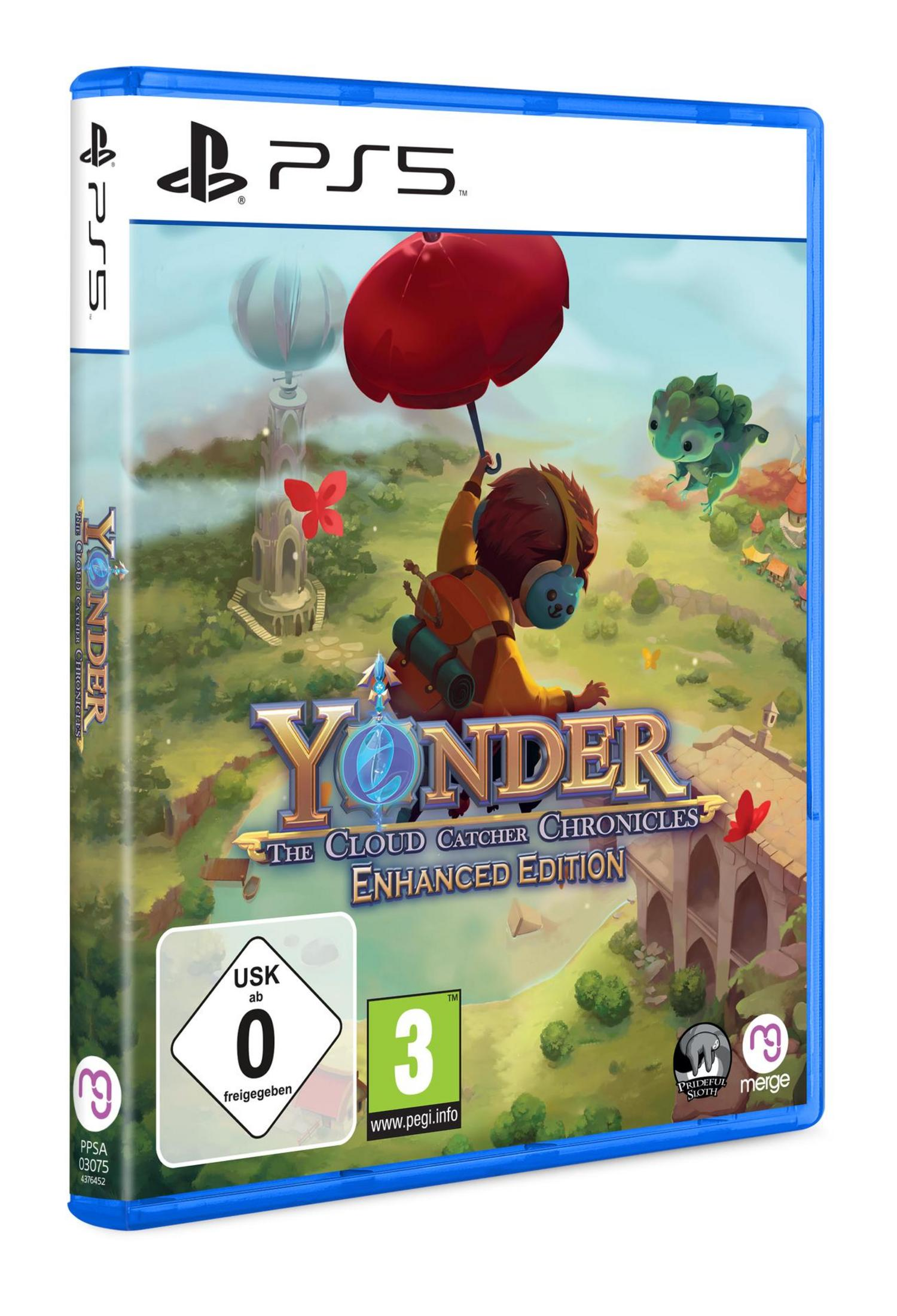 PS5-Spielcover 'Yonder: The Cloud Catcher Chronicles'. Zeigt Figur mit rotem Schirm.