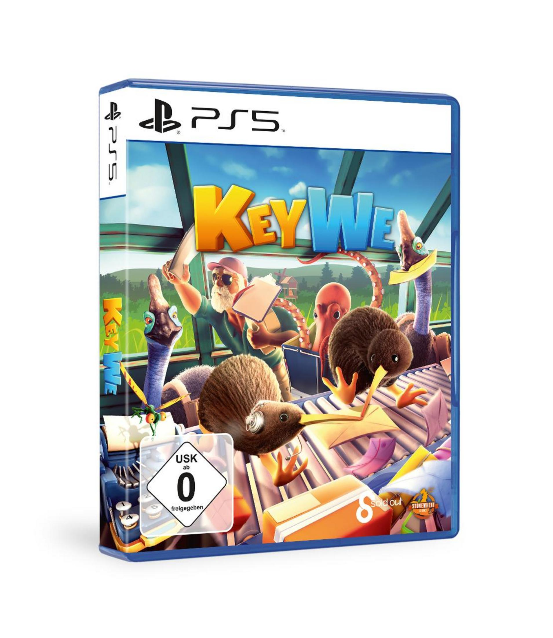 PS5-Spielbox für KeyWe. Die Box zeigt Kiwis und eine Postbüroumgebung.