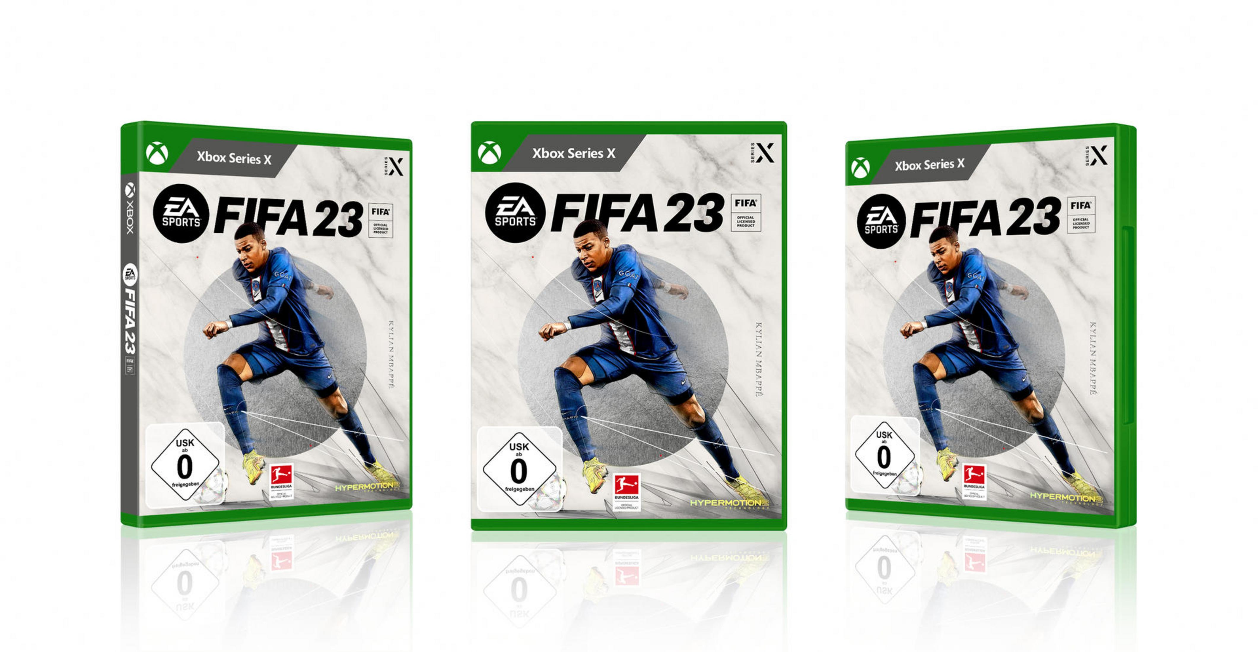 Drei Videospielboxen für Xbox Series X. Jede Box hat das Spiel FIFA 23 drauf.