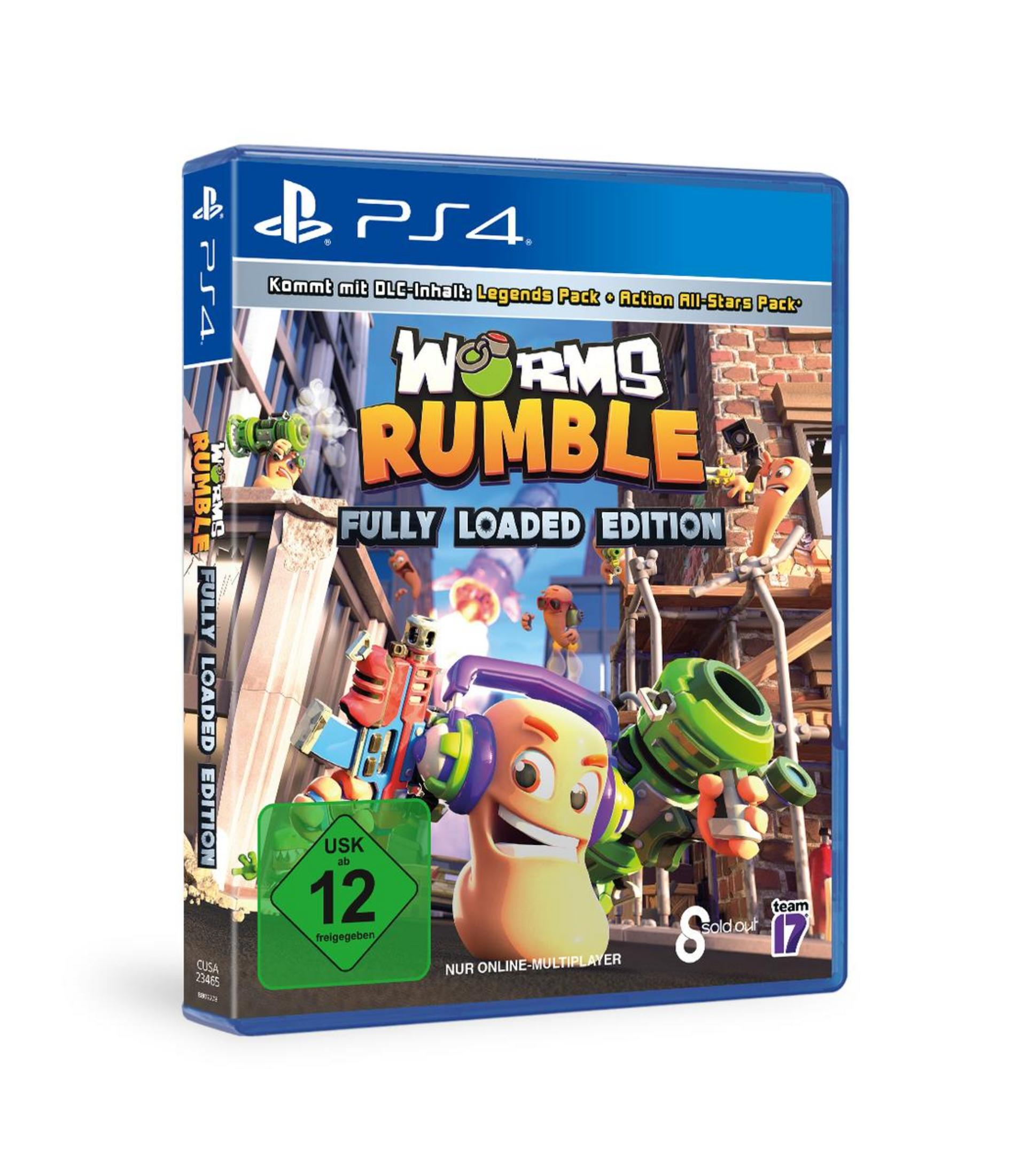 Worms Rumble Spielbox. Zeigt einen Wurm mit Kopfhörern und einer grünen Waffe.