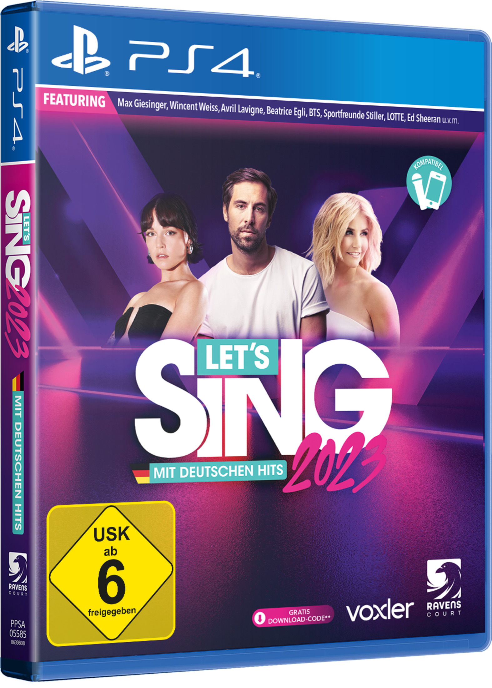 Spielbox für Let's Sing 2023, mit drei Sängern auf dem Cover.