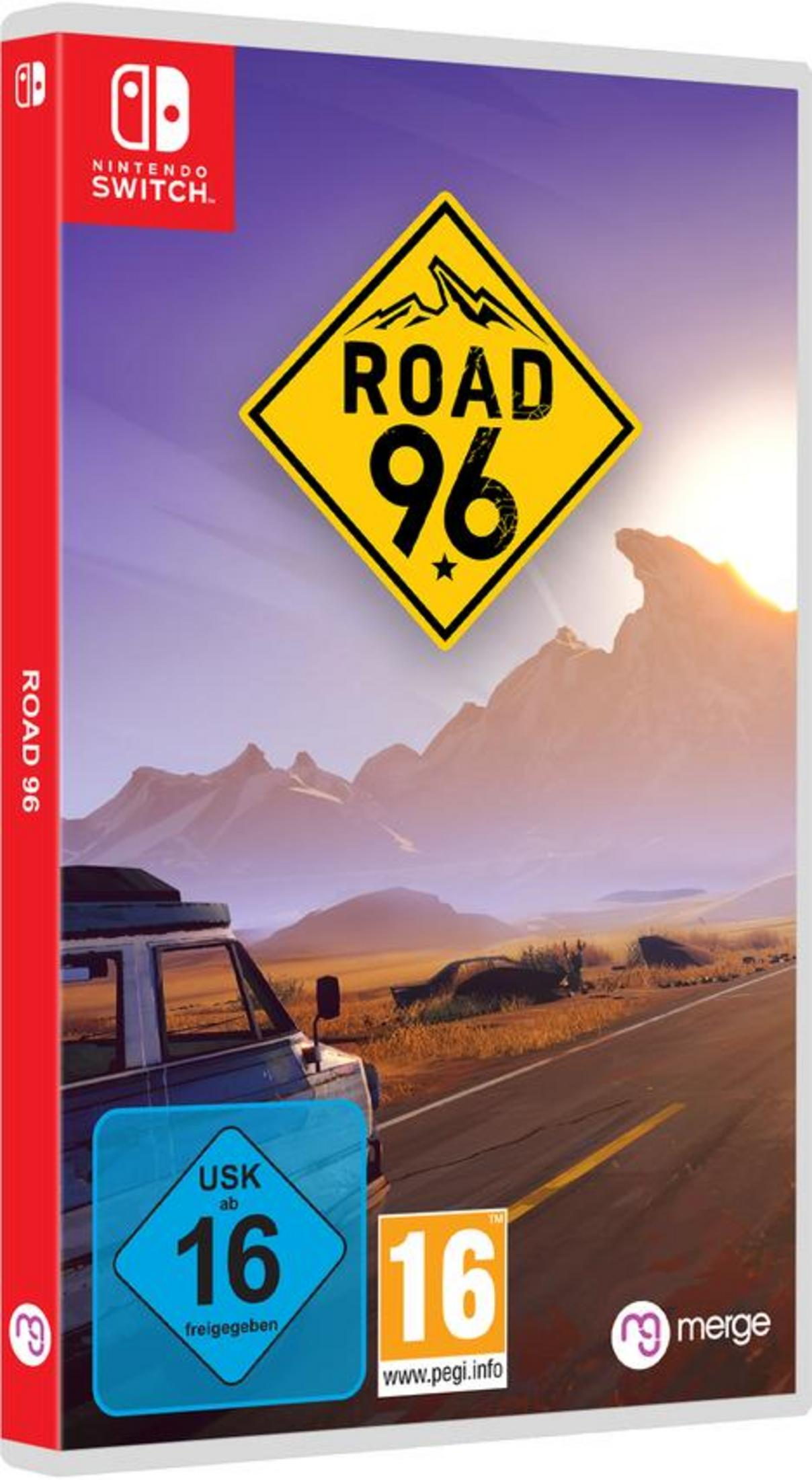 Road 96 Spielbox. Ein Auto auf einer Straße mit Bergen und einem gelben Schild. Rotes Gehäuse.