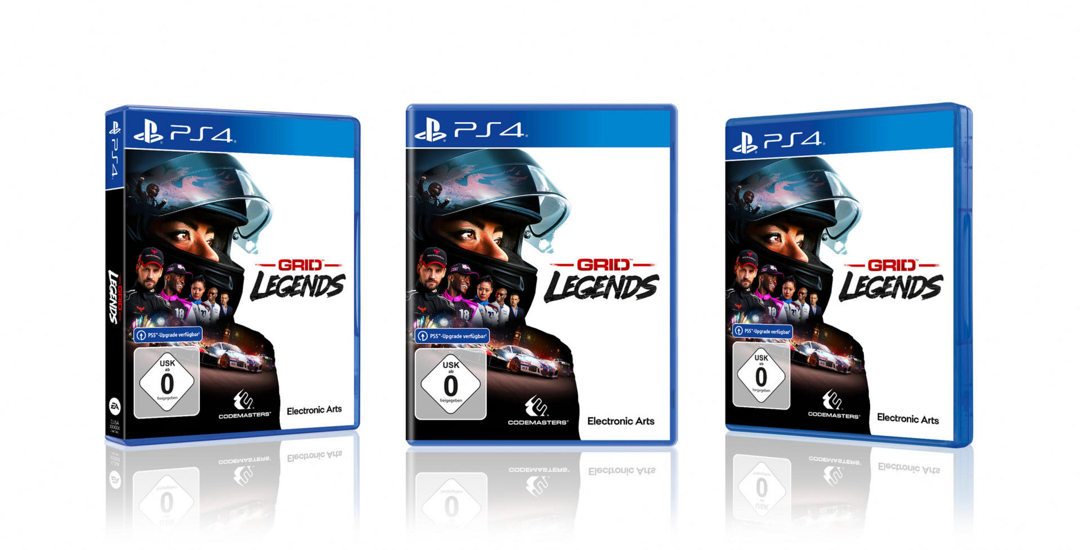 Grid Legends Spielboxen für PS4. Drei Boxen, Charakterkunst, weißer Hintergrund.
