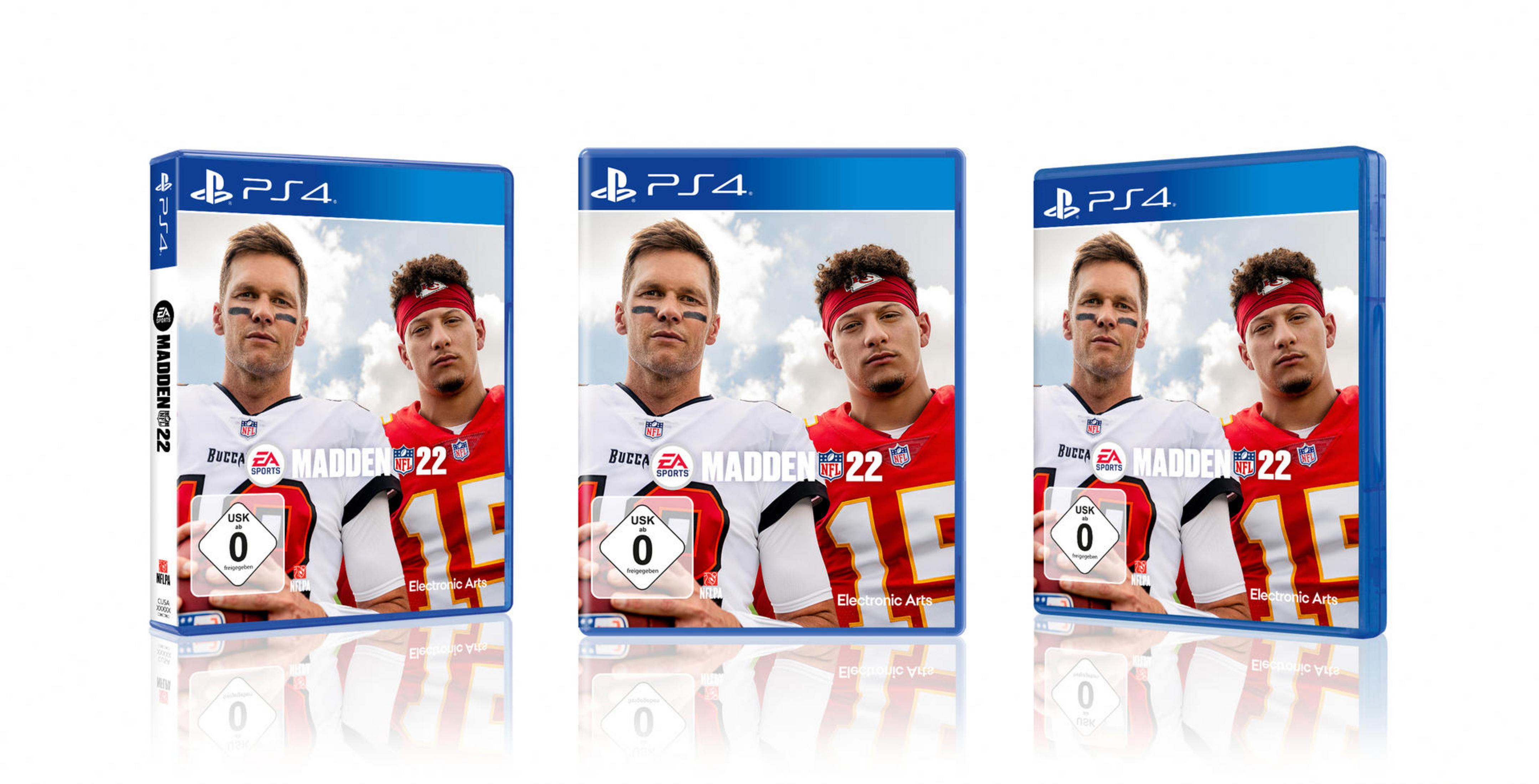 Madden 22 Spielboxen für PS4. Drei Boxen, Spieler-Art, weißer Hintergrund.