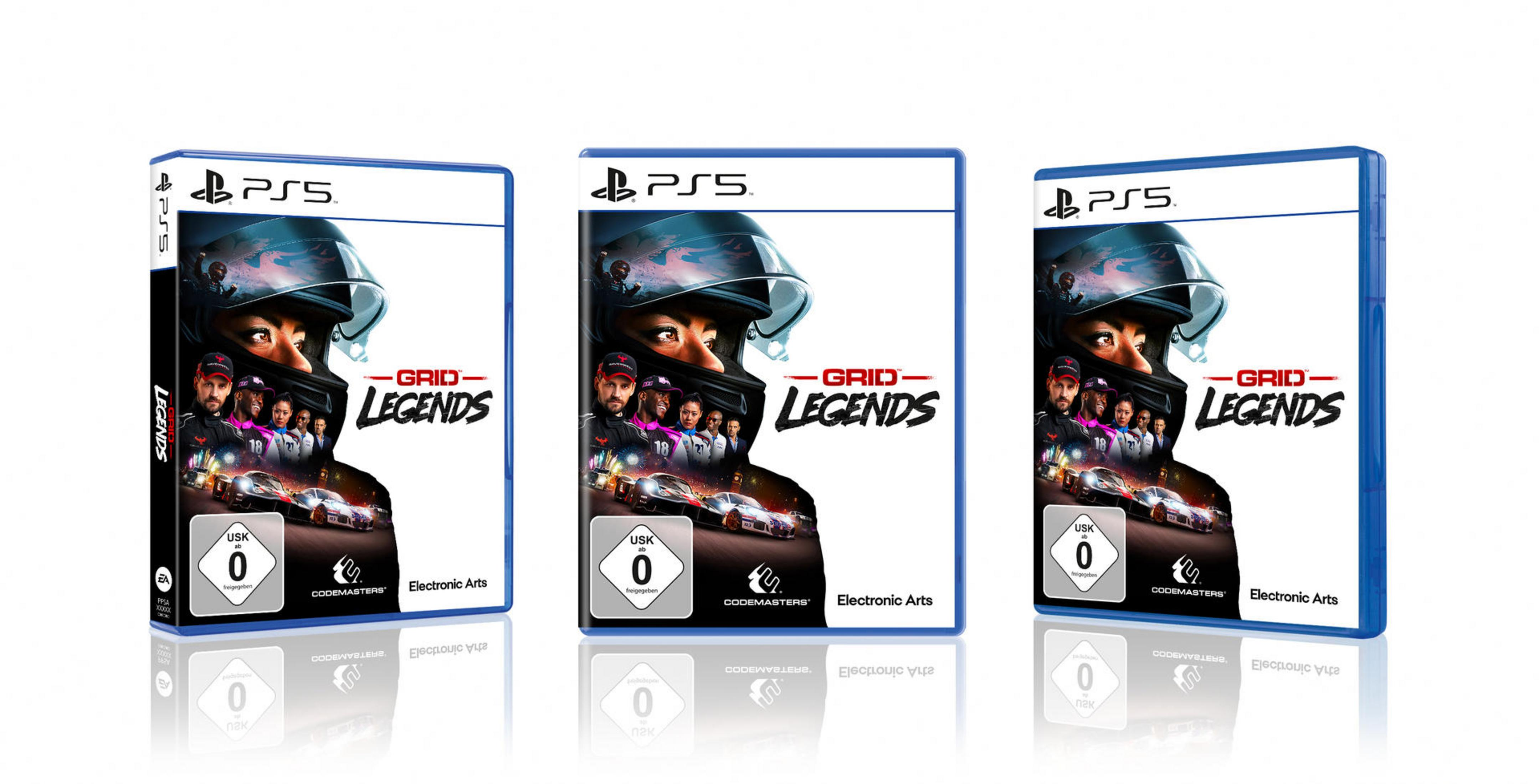 Grid Legends Videospielbox-Art, drei verschiedene Cover, jeweils mit einem Rennfahrer.