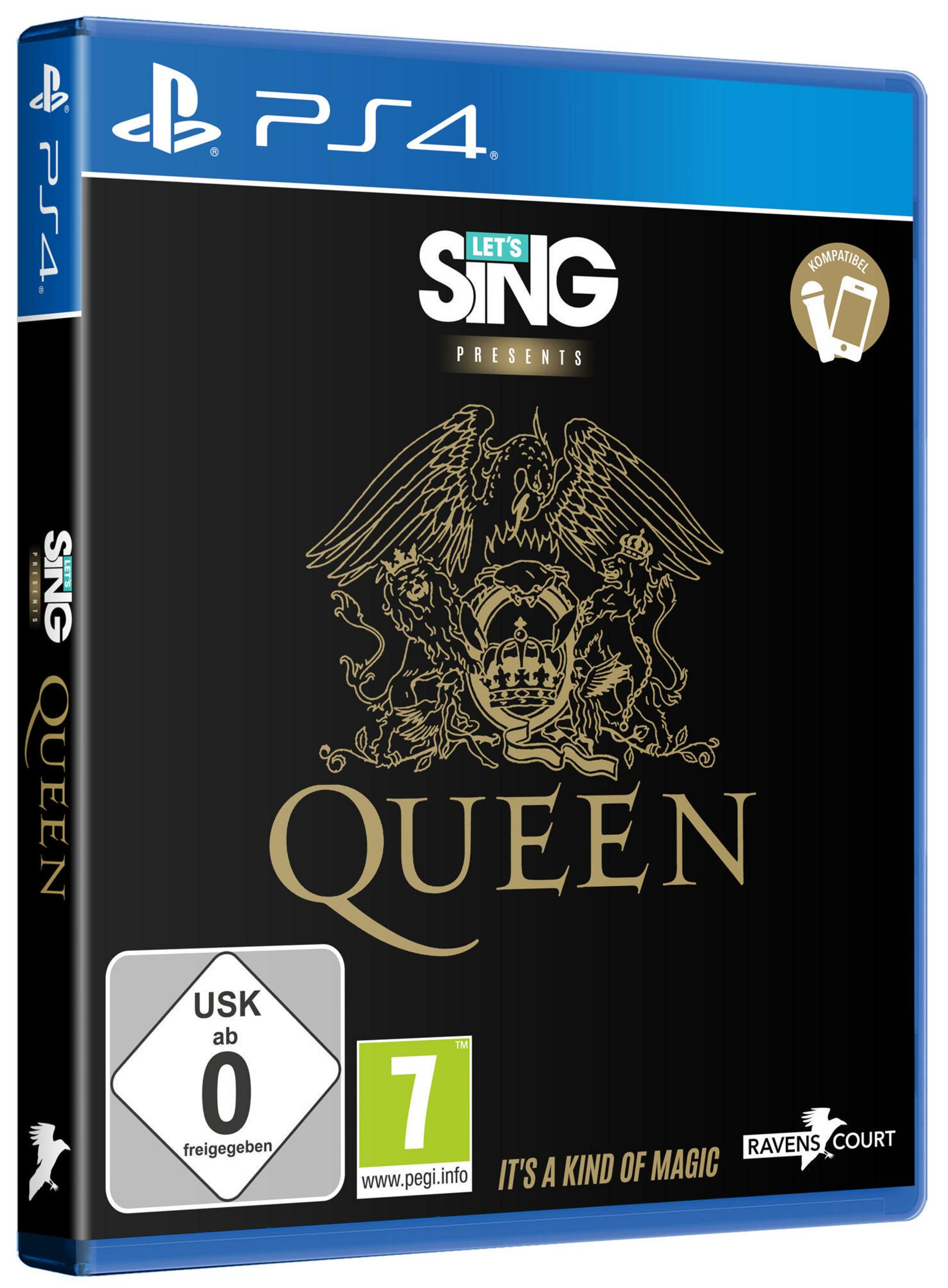 Custodia del gioco per PS4: Let's Sing Presents Queen. Sfondo nero con il logo Queen.