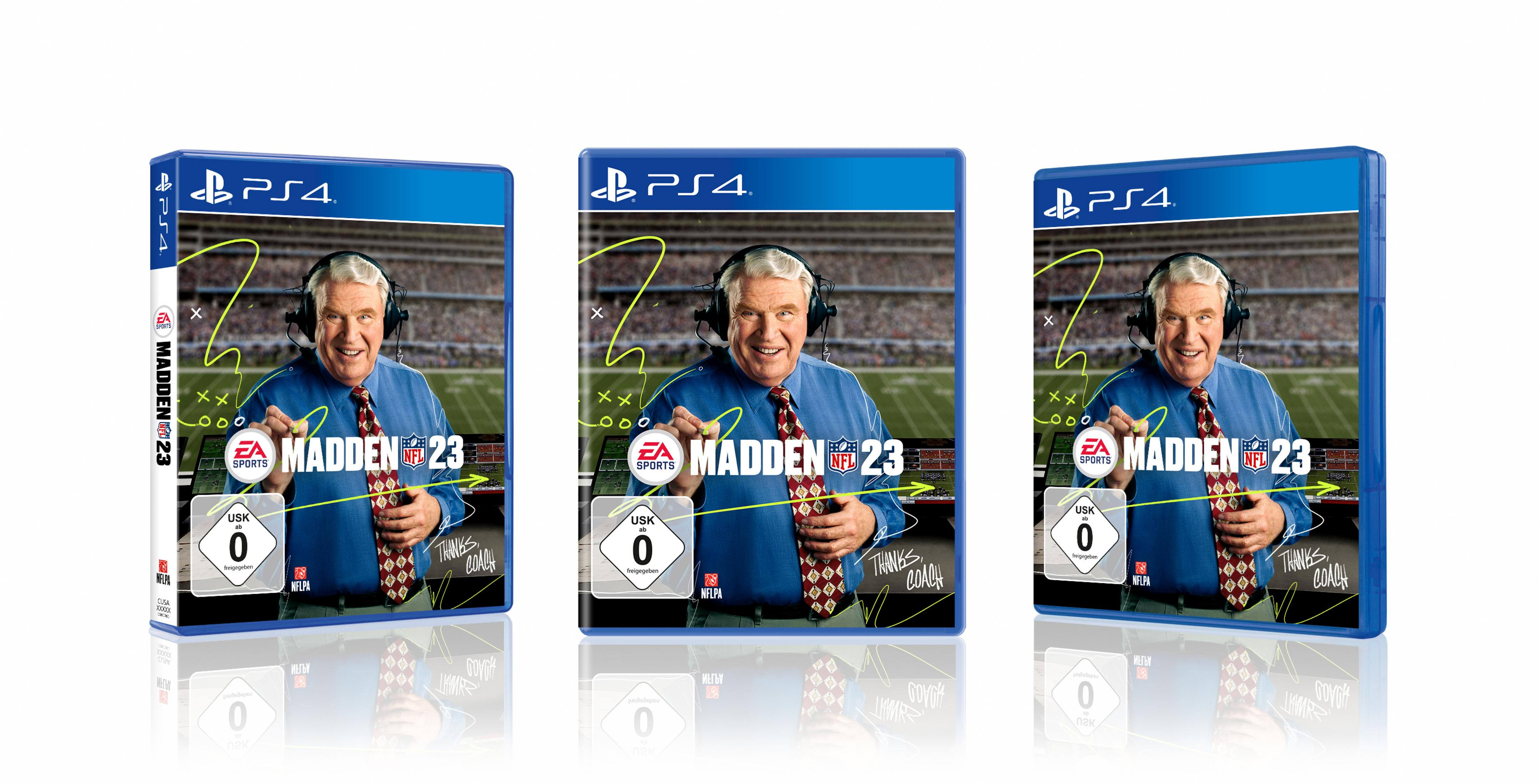 Drei Spielhüllen von Madden 23, mit einem Mann im Anzug, USK 0 Bewertung und dem Spieltitel.
