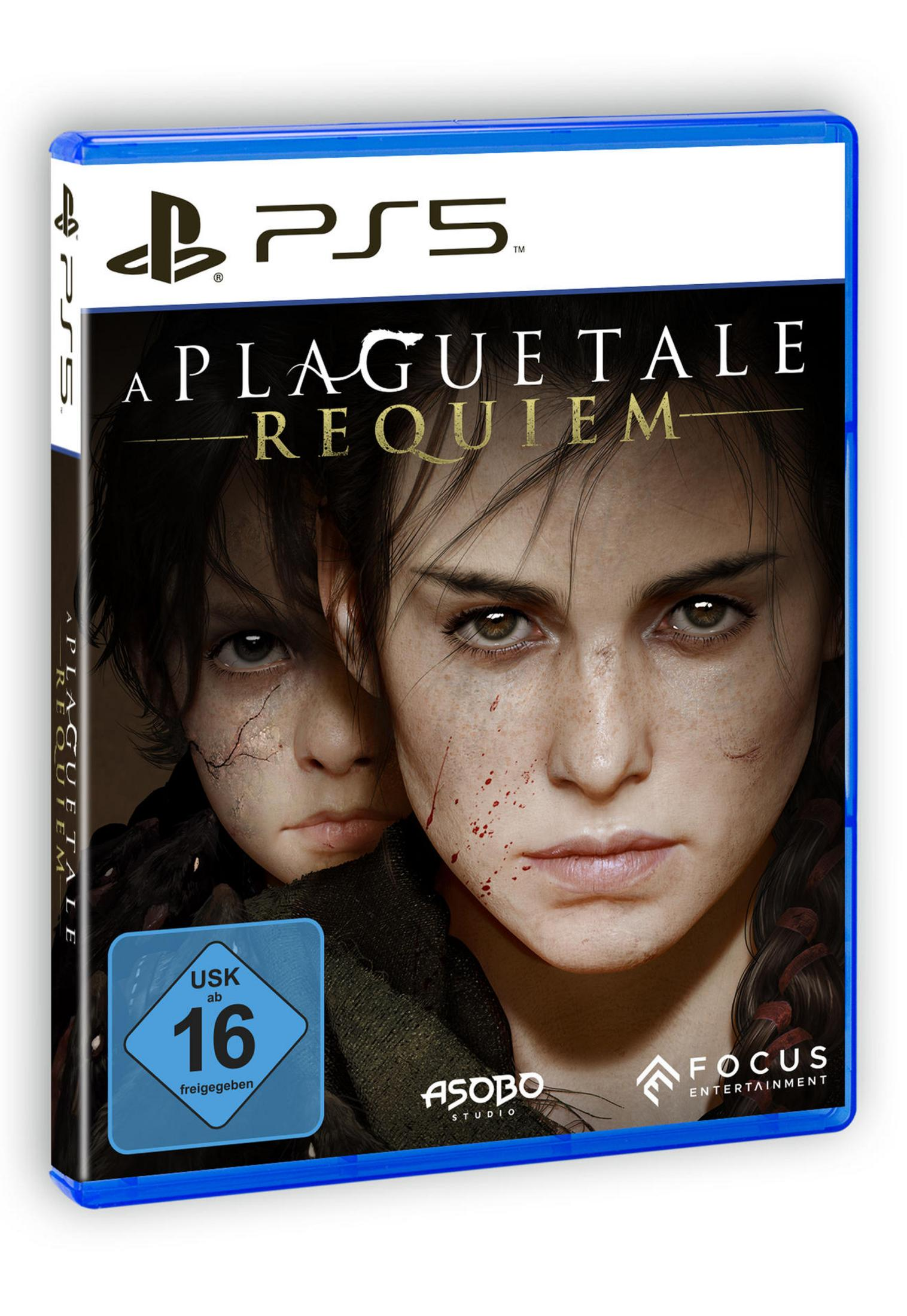 Pudełko z grą PS5. Twarze dwóch postaci na okładce, z tytułem 'A Plague Tale: Requiem'.
