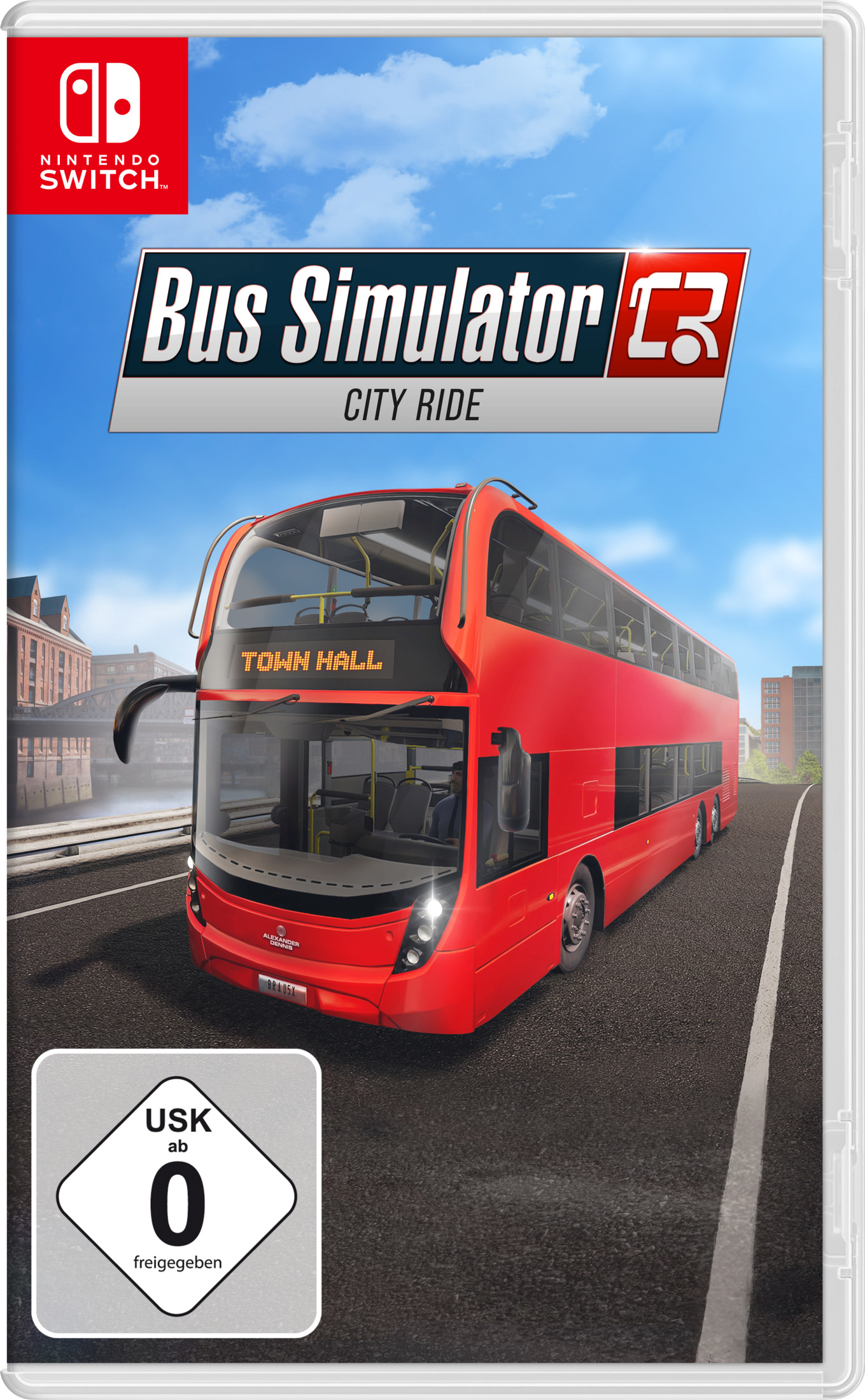 Spielbox-Art: Roter Doppeldeckerbus auf einer Straße, blauer Himmel im Hintergrund. Spieletitel: Bus Simulator City Ride.