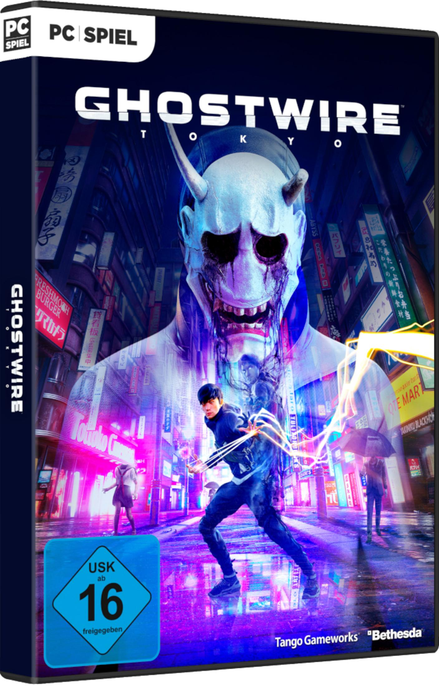 Ghostwire: Tokyo PC-Spielcover. Eine dämonenmaskierte Figur steht auf einer Straße mit Neonreklamen.