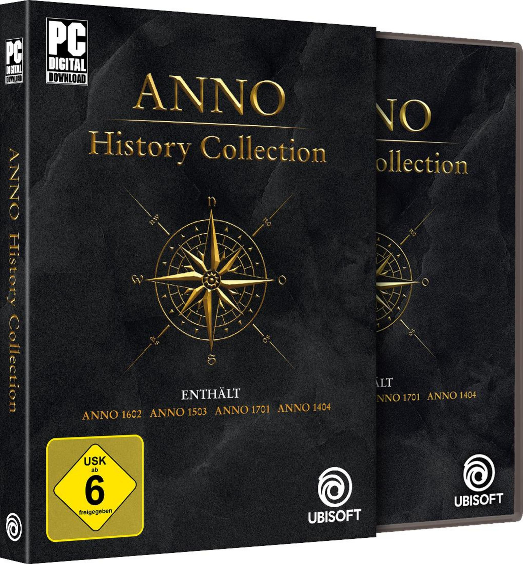 Spielboxen, Anno History Collection, schwarzer Hintergrund, goldener Text und Kompassdesign.