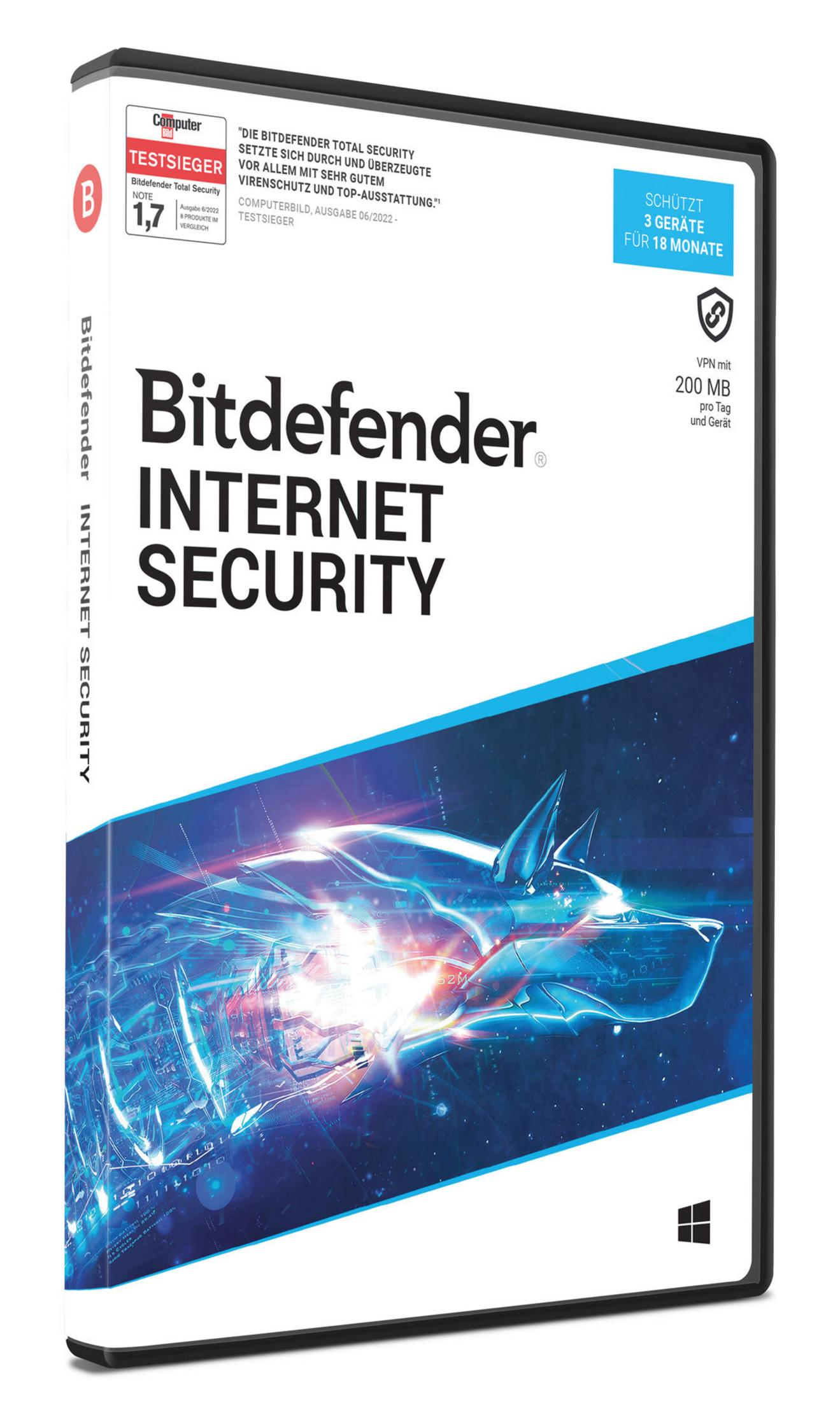 Bitdefender Internet Security Box, mit blauem Energie-Visual und Produktinformationen.