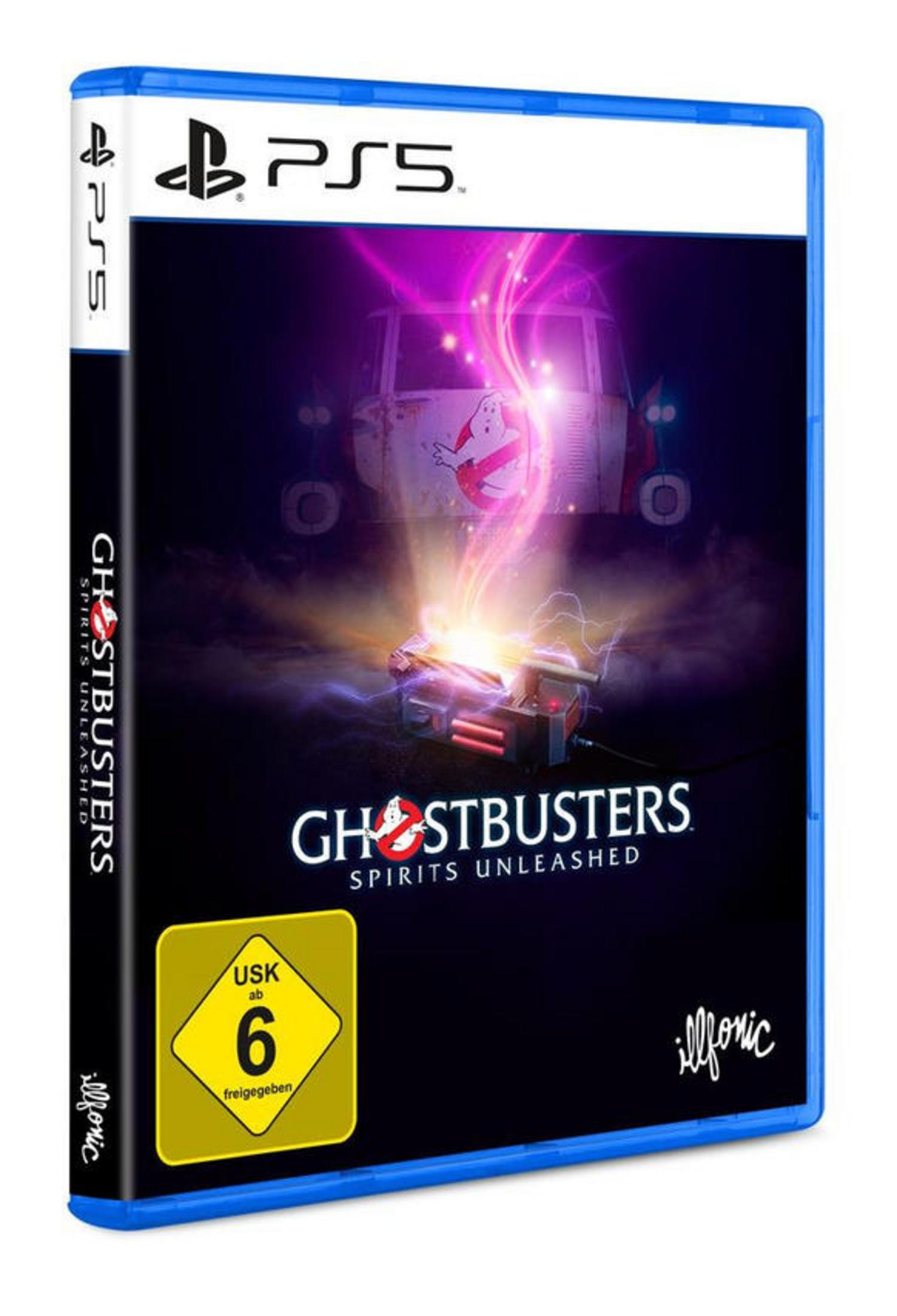 Ghostbusters: Spirits Unleashed Spielcover. Ghostbusters-Fahrzeug mit Lichtstrahl in dunkler Umgebung.