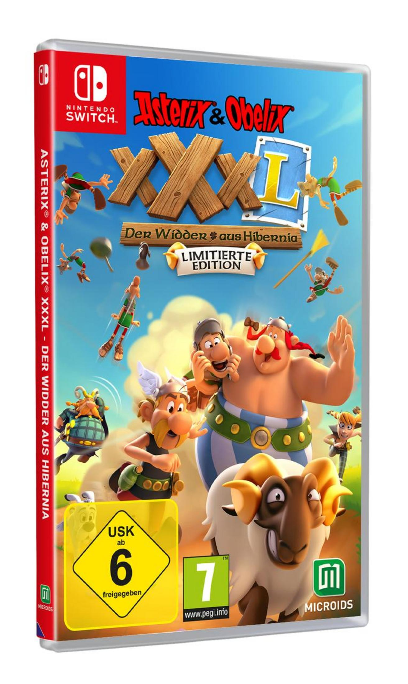Die Spielverpackung für Asterix & Obelix XXXL, ein Nintendo Switch-Spiel, mit dem Cover-Art und Logo des Spiels.