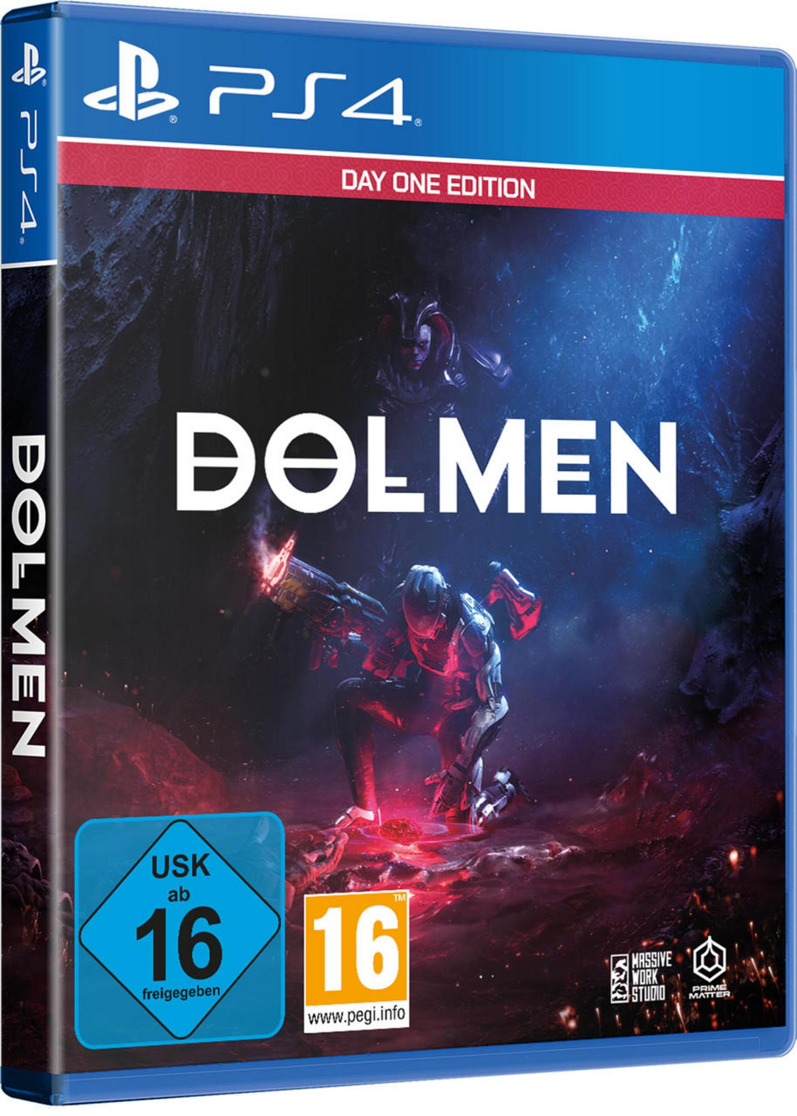 PS4-Spielbox von Dolmen mit Sci-Fi-Charakteren, blaues Gehäuse.