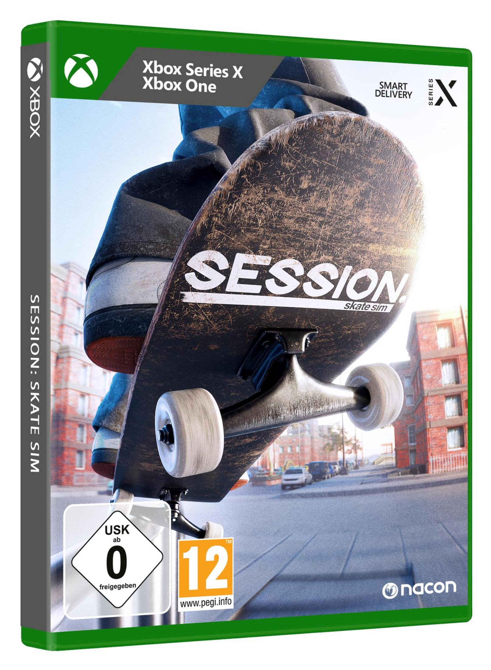 Xbox Series X Spielbox für Session: Skate Sim. Zeigt Füße und Skateboard einer Person auf der Straße.