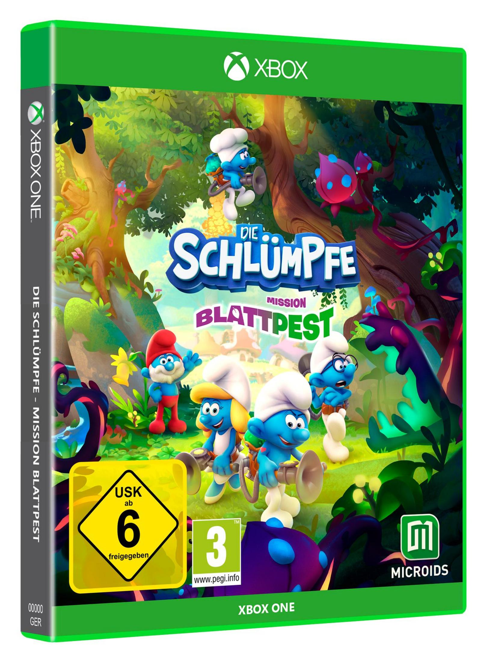 Xbox-Spielbox von Die Schlümpfe. Zeigt Schlümpfe in einem Wald. Ein gelbes USK 6-Symbol ist sichtbar.
