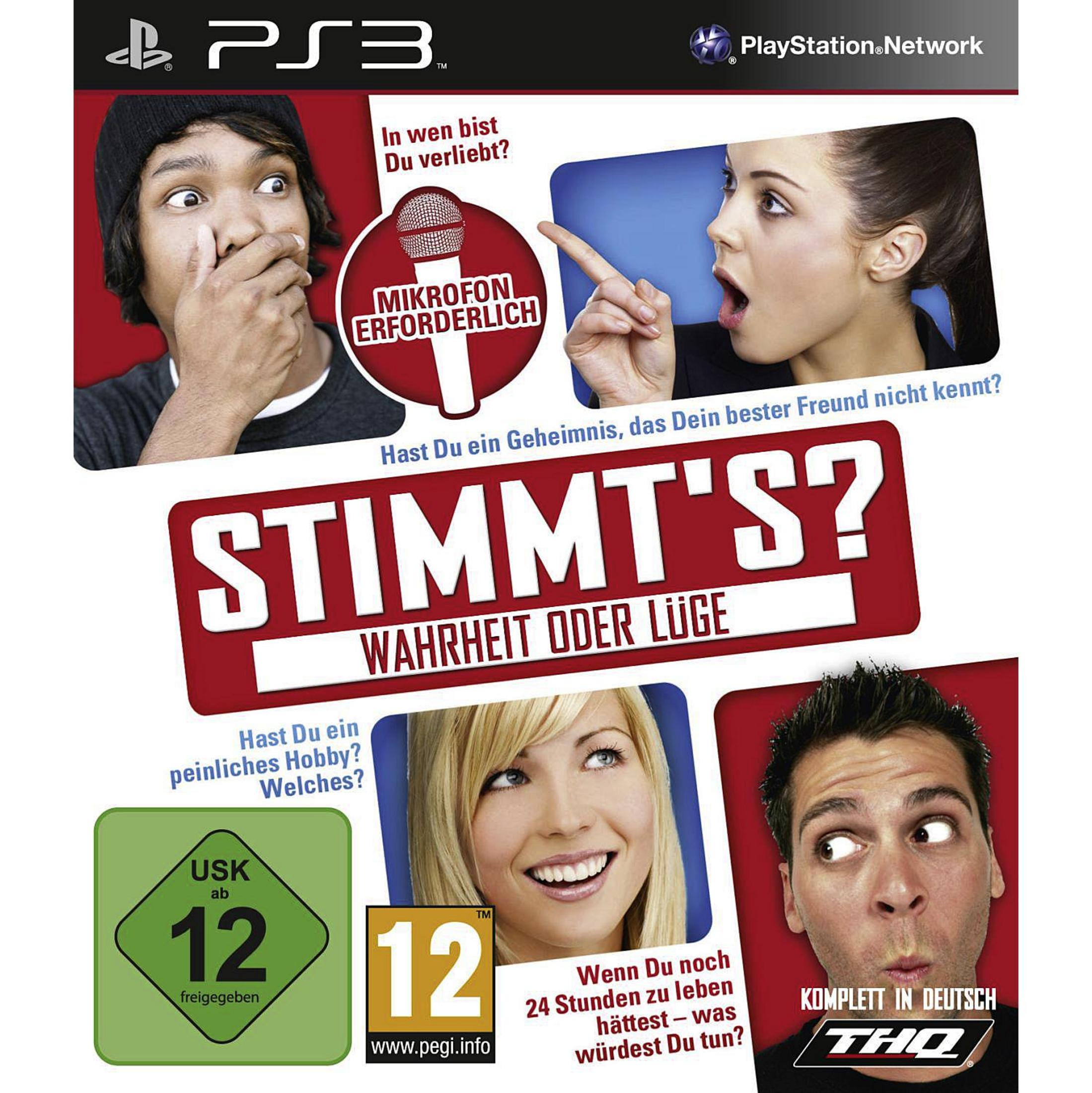 Spielbox mit Bildern von Menschen, einem Mikrofon und Text. Es hat den Titel 'Stimmt's? Wahrheit oder Lüge'.