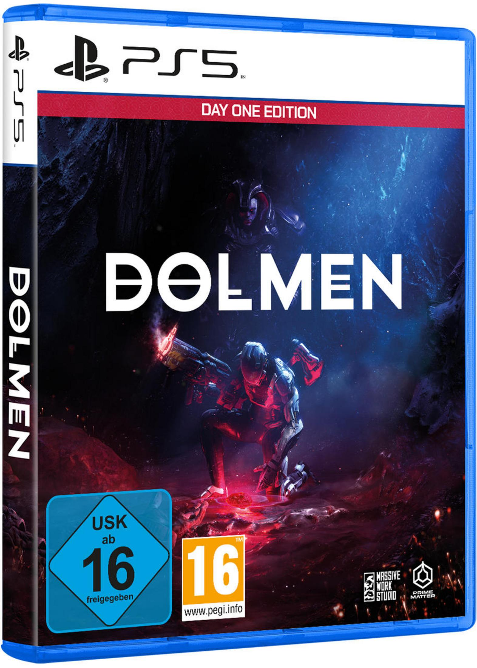 PS5-Spielcover: Dolmen. Eine Person in Rüstung kämpft mit einer Feuerwaffe.