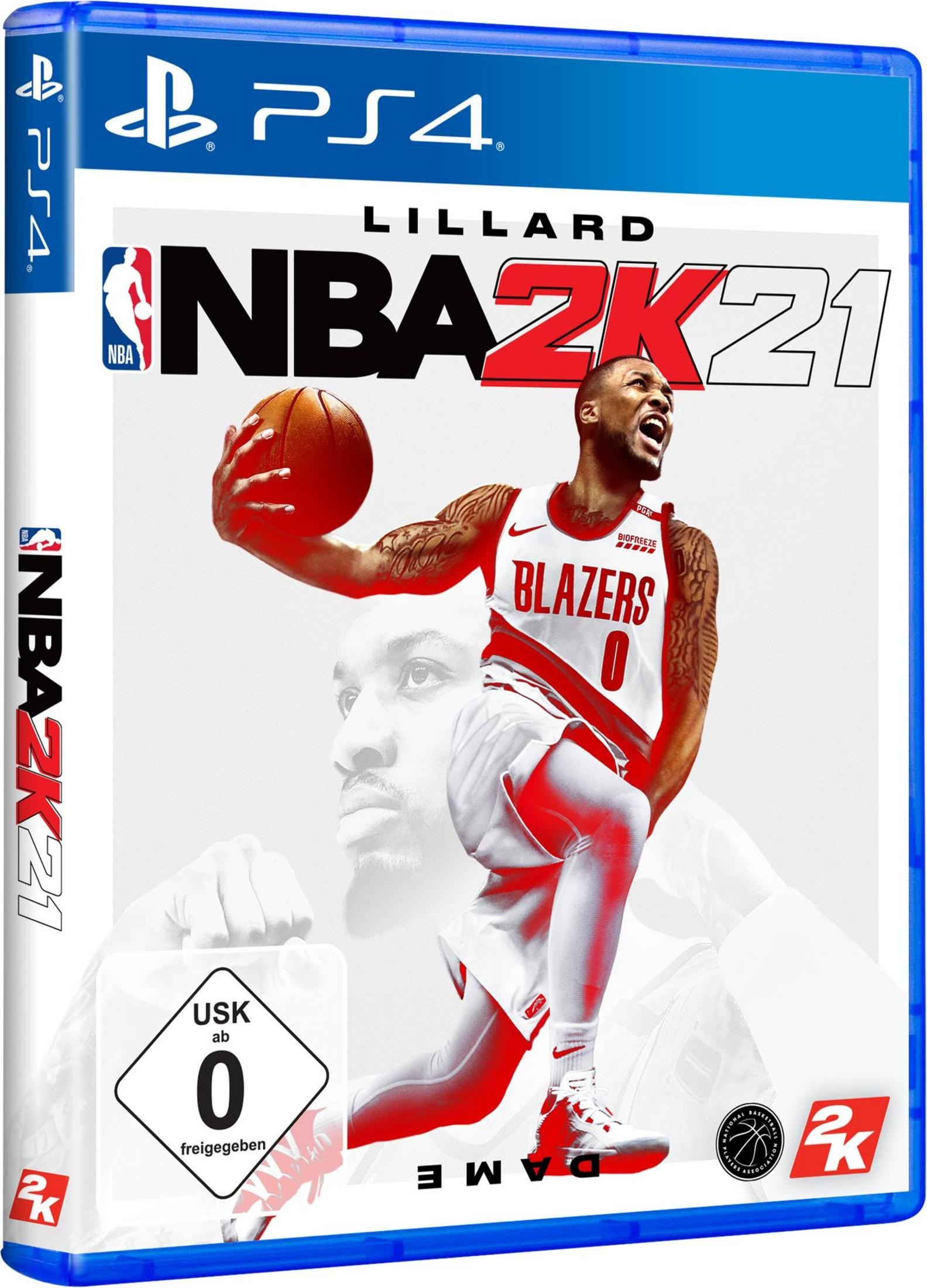 PS4-Spielbox: NBA 2K21. Das Cover zeigt einen Basketballspieler in einem weißen Trikot mit dem Spiel-Logo.